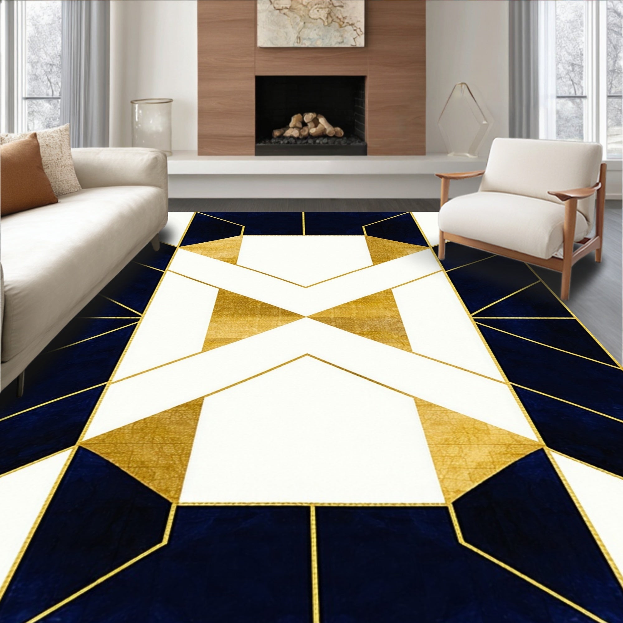 Gold Navy Geometric Abstract Design Rug