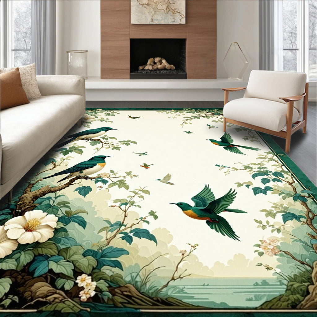 Serene Birds and Blossoms Nature Design Rug