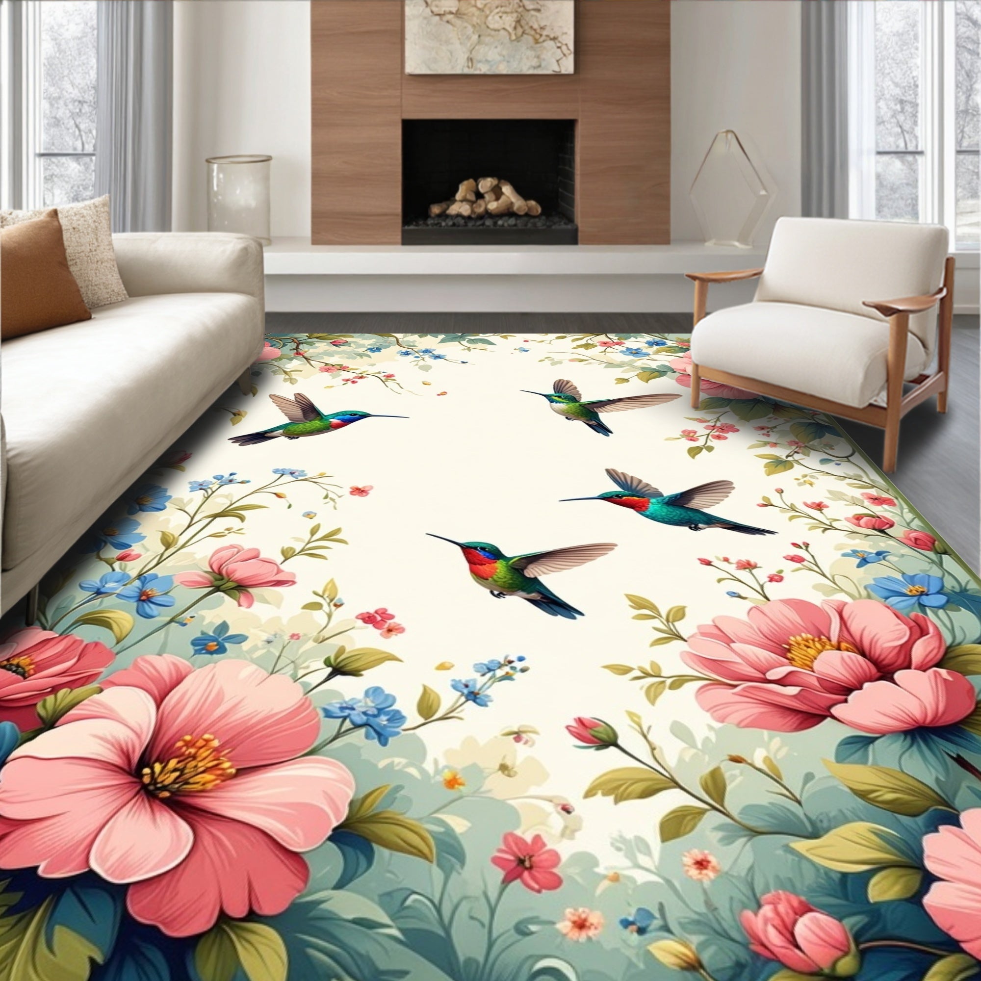 Hummingbird Floral Garden Art Rug