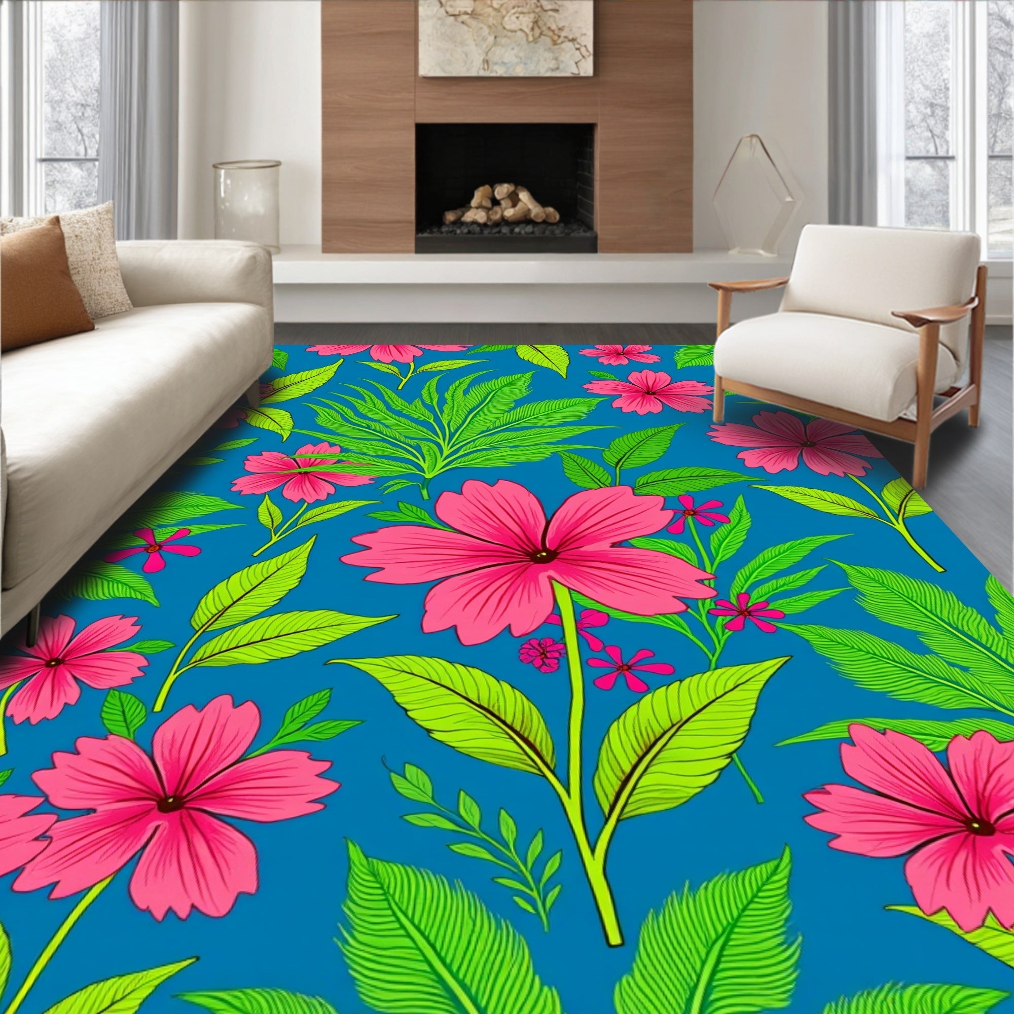 Vibrant Pink Floral Leaf Pattern Rug