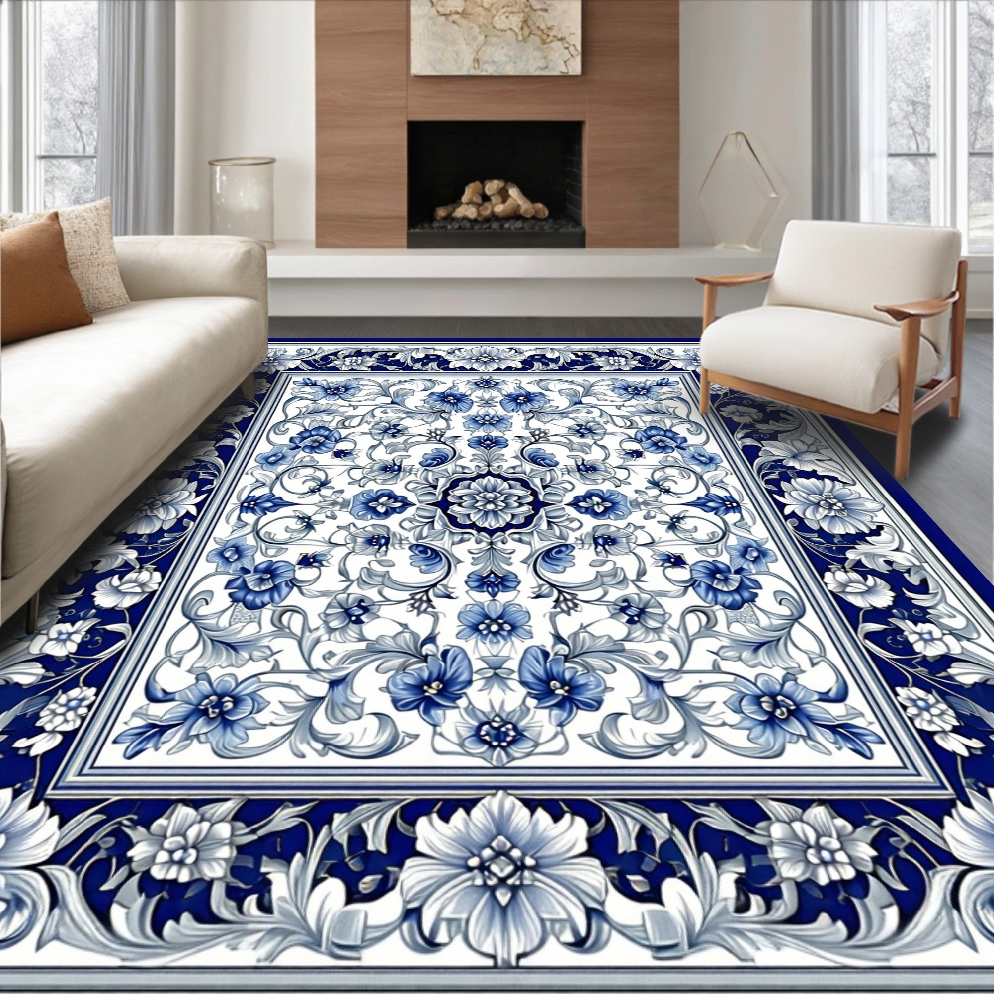 Blue White Floral Scroll Pattern Rug