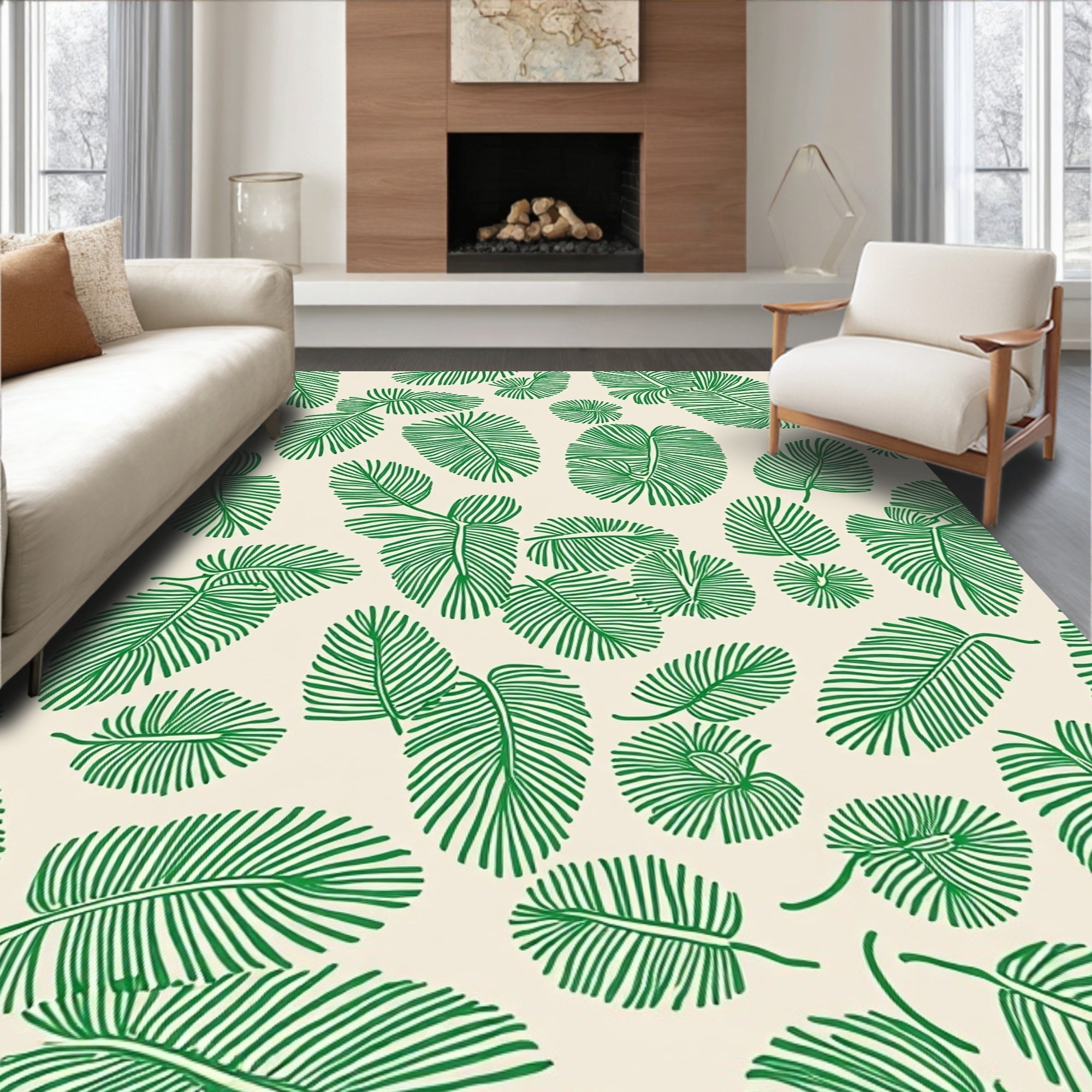 Tropical Leaf Patterned Green Rug
