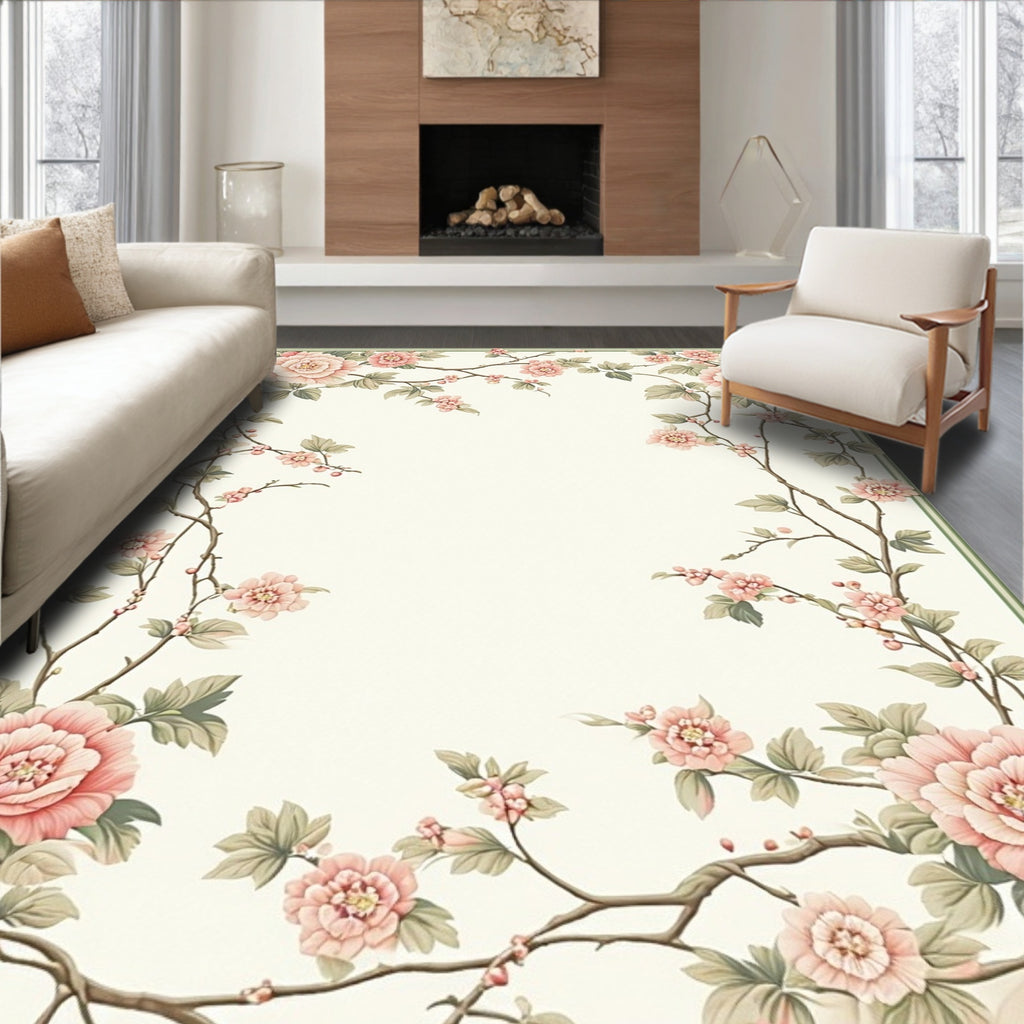 Soft Pink Floral Vine Pattern Rug