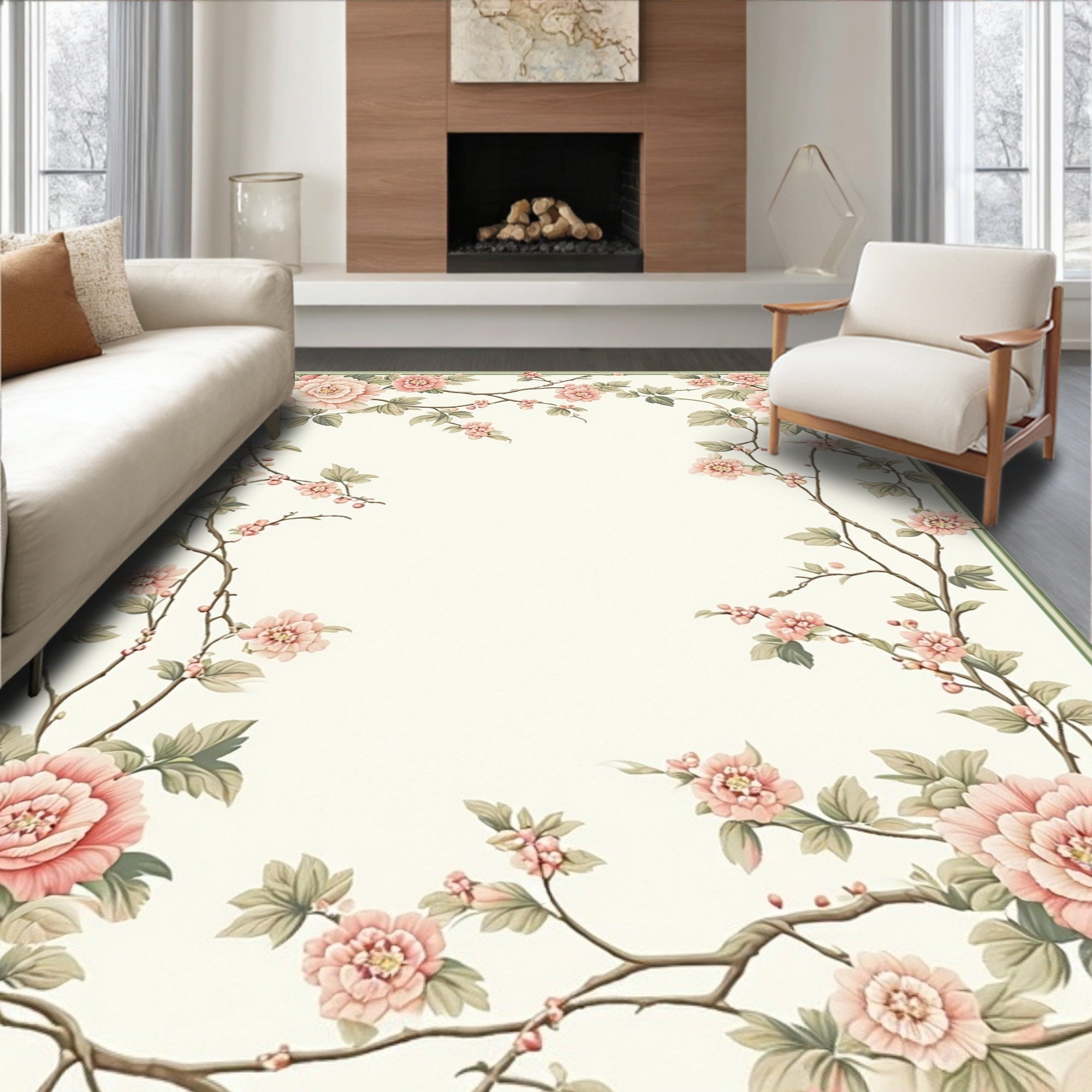 Soft Pink Floral Vine Pattern Rug
