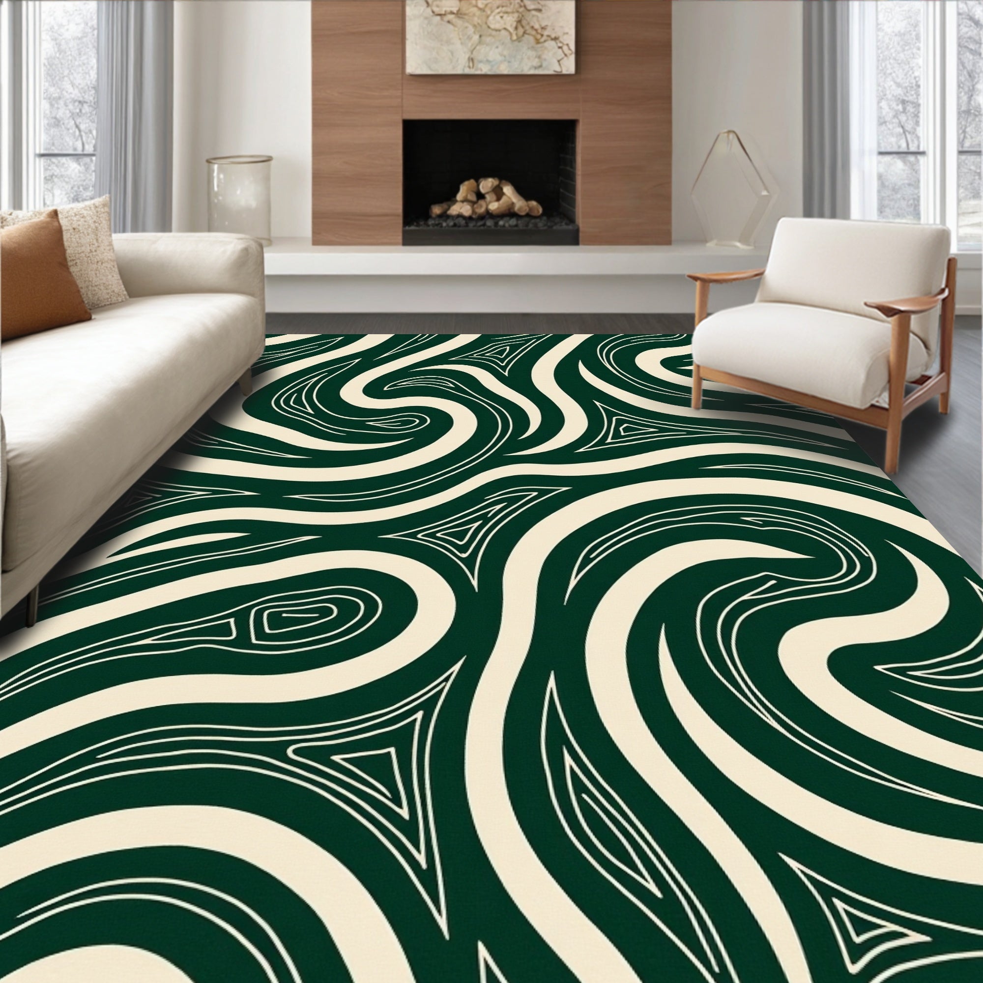 Forest Green Cream Swirl Lines Rug