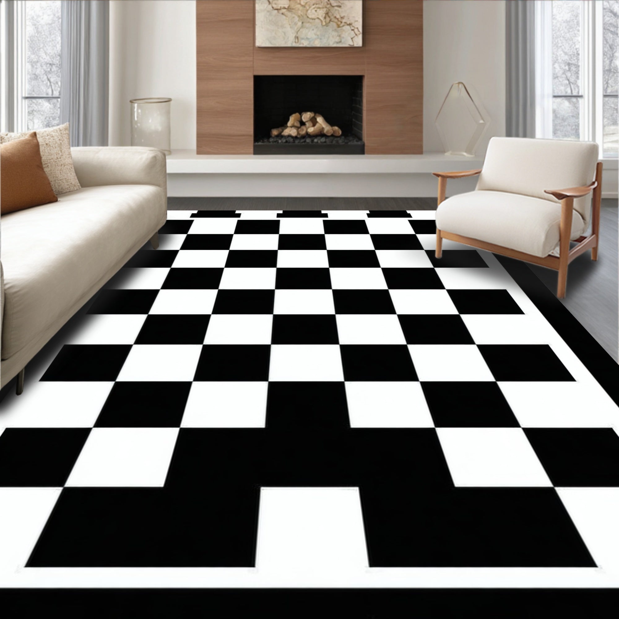 Black White Classic Checkerboard Pattern Rug