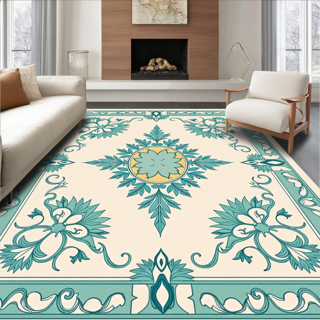 Aqua Teal Floral Crest Medallion Rug
