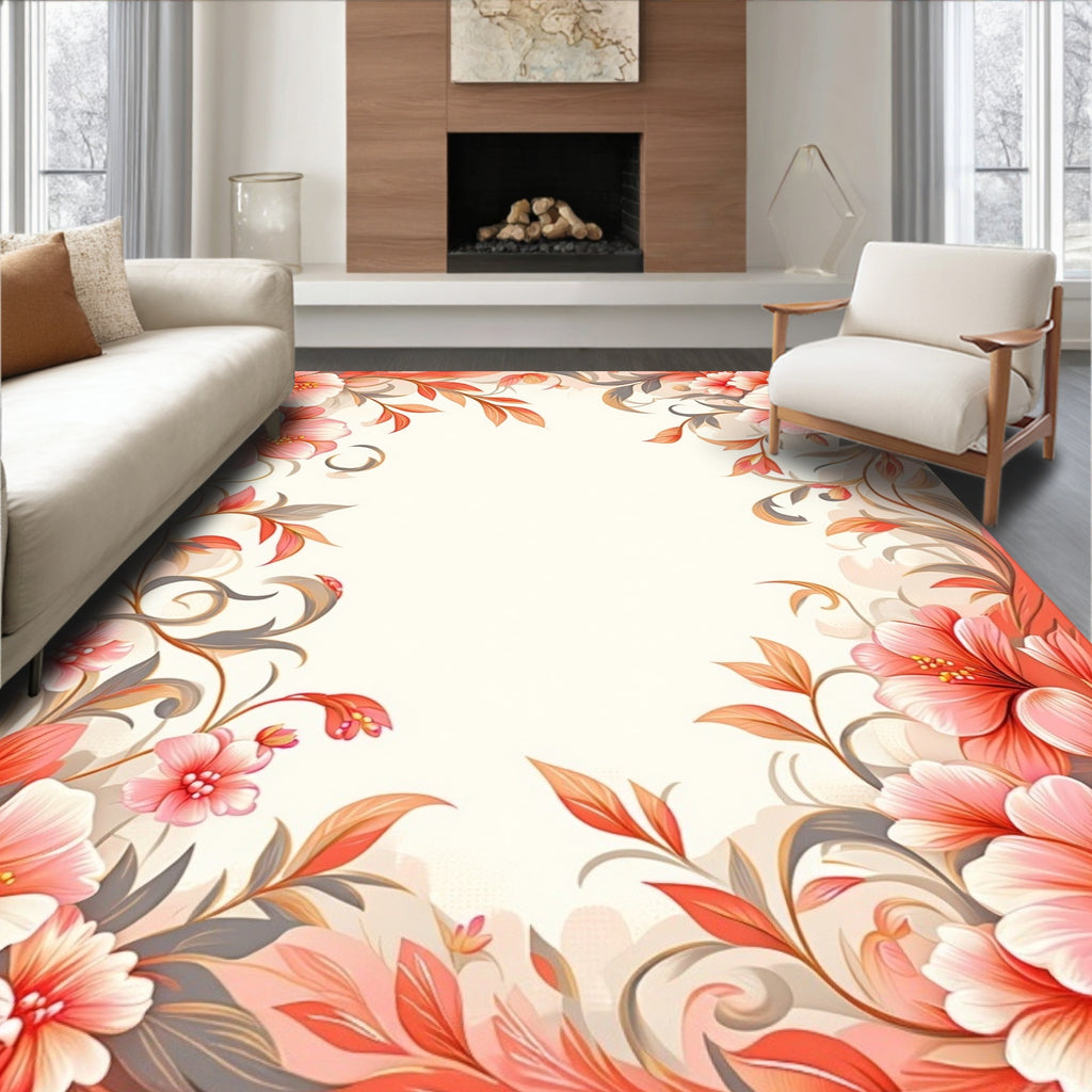 Coral Pink Floral Vine Pattern Rug