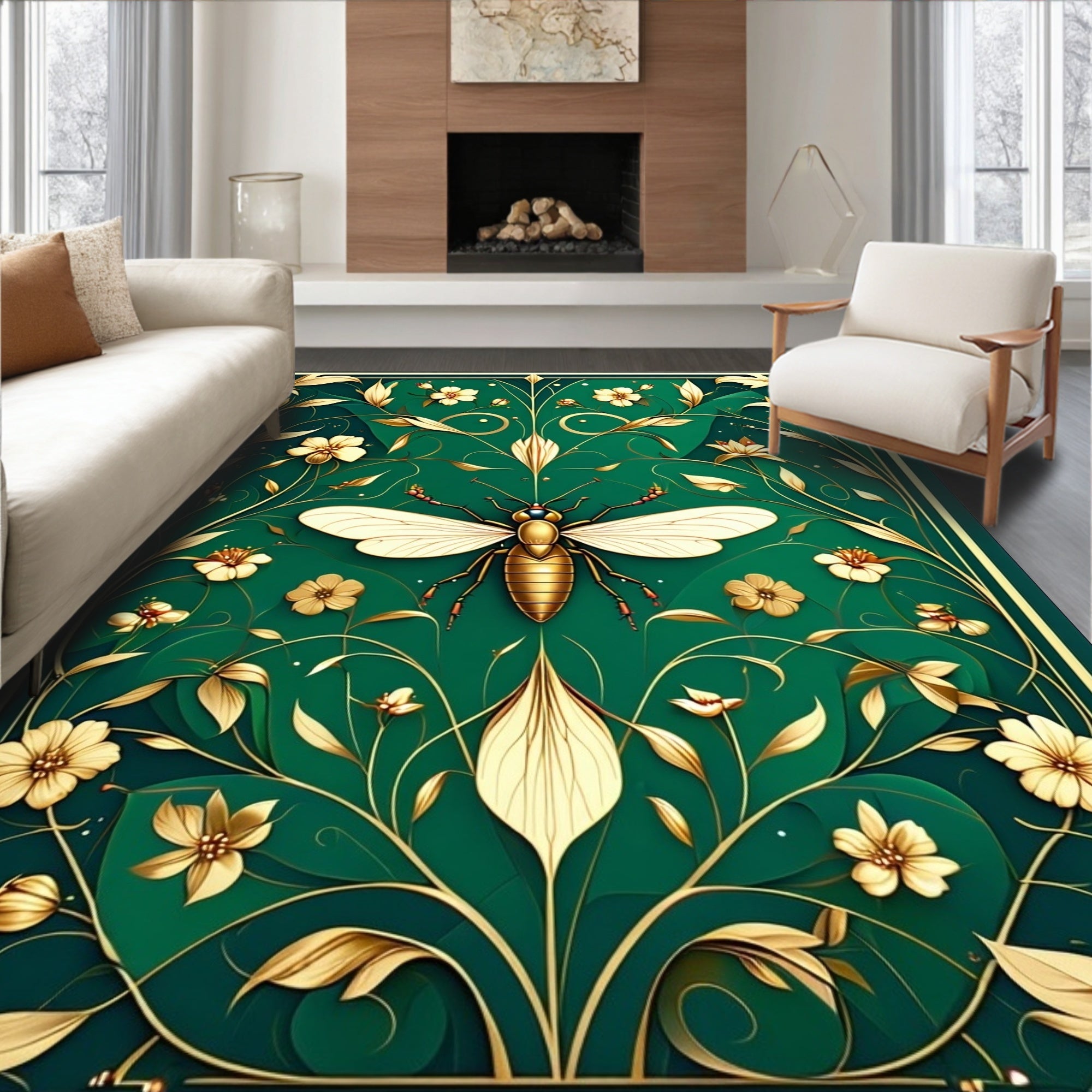 Gold Bee Floral Art Deco Rug