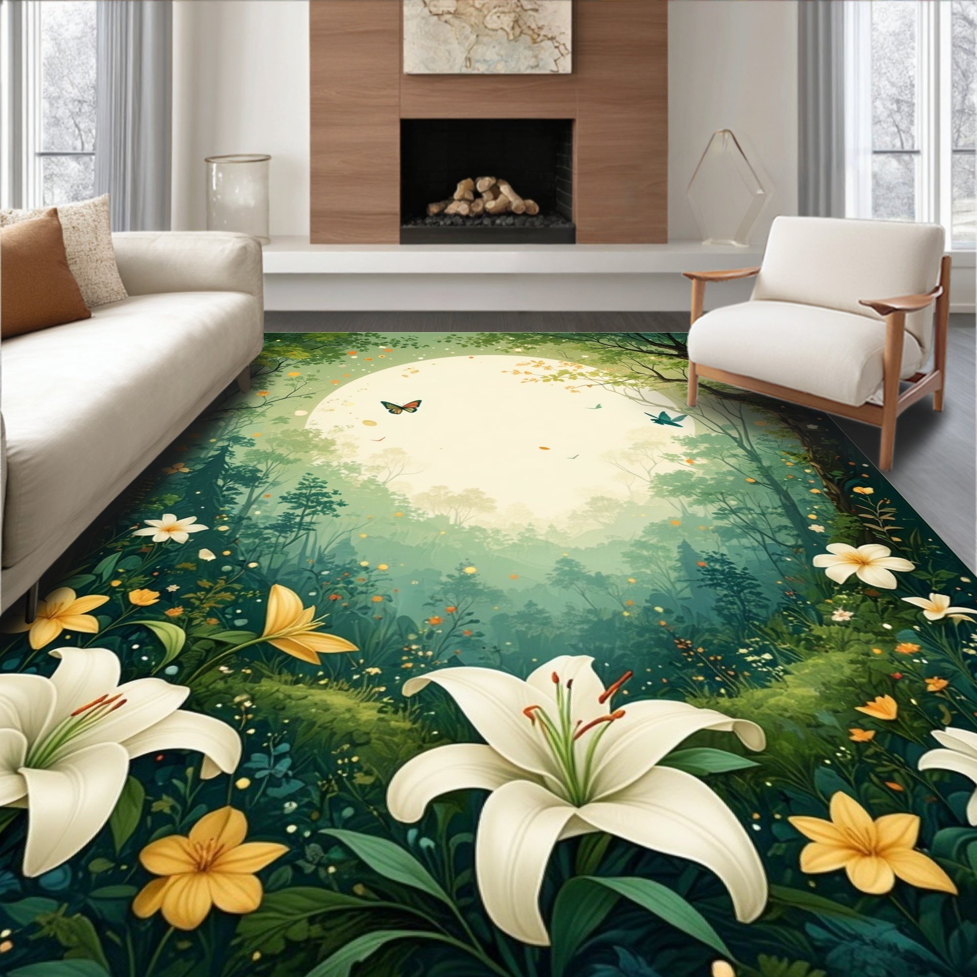 Enchanting Forest Lily Garden Scene Rug