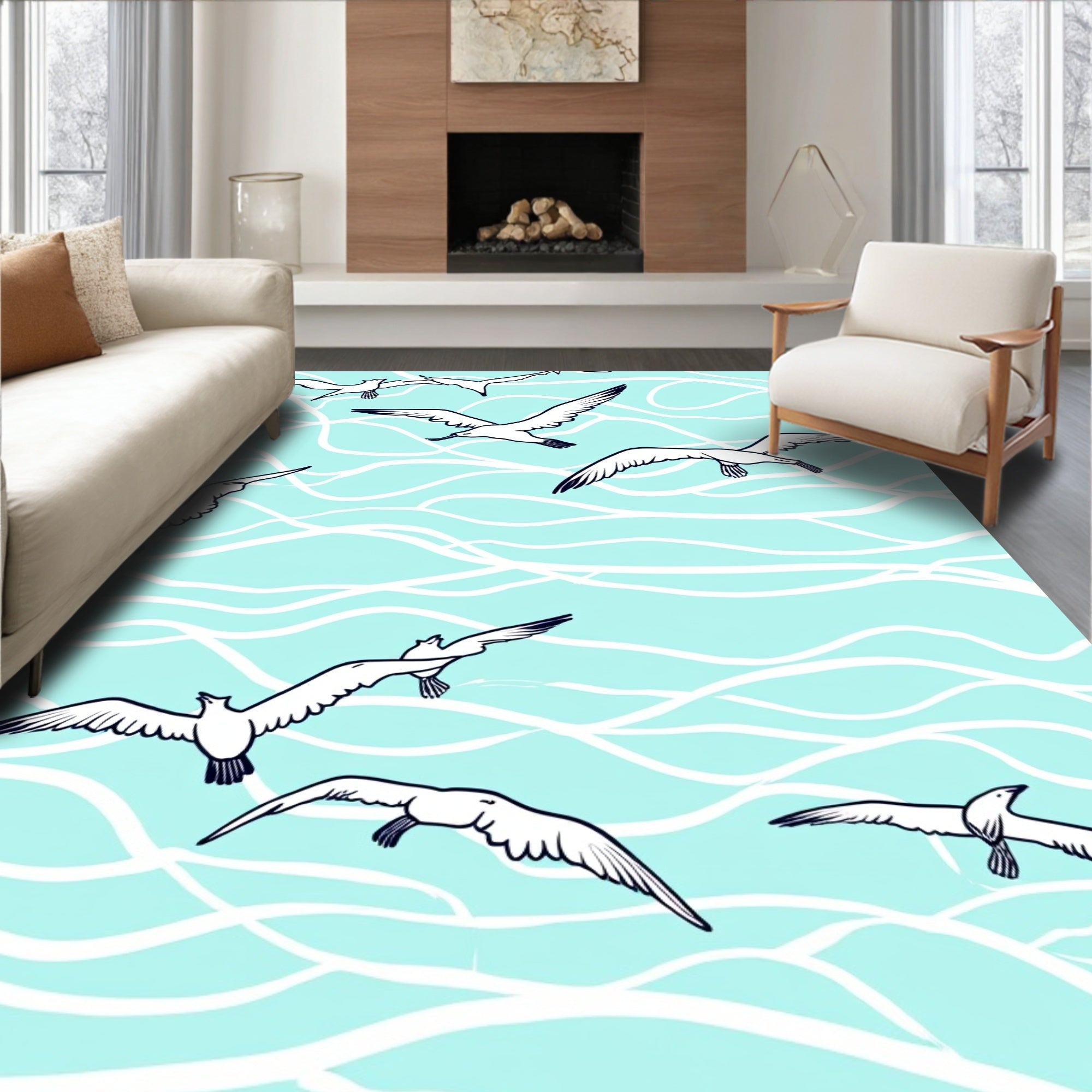 Seagulls Flying Over Wavy Aqua Surface Rug