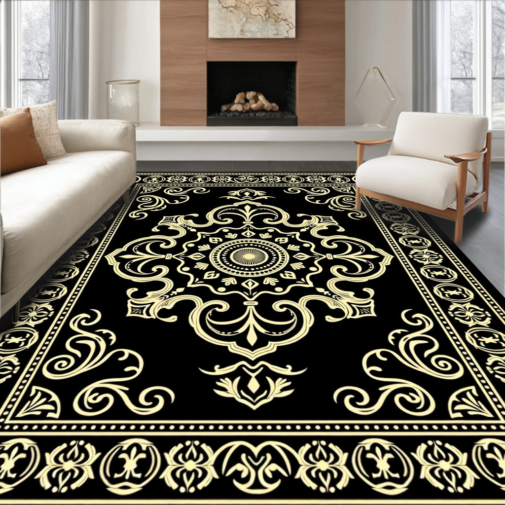 Black Gold Intricate Floral Medallion Rug
