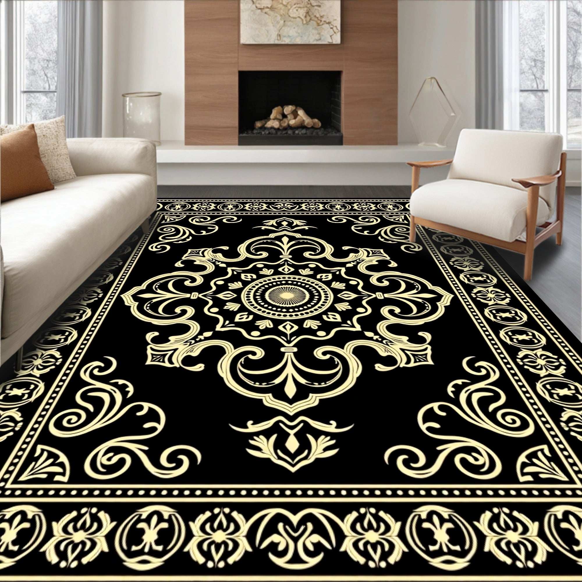 Black Gold Intricate Floral Medallion Rug