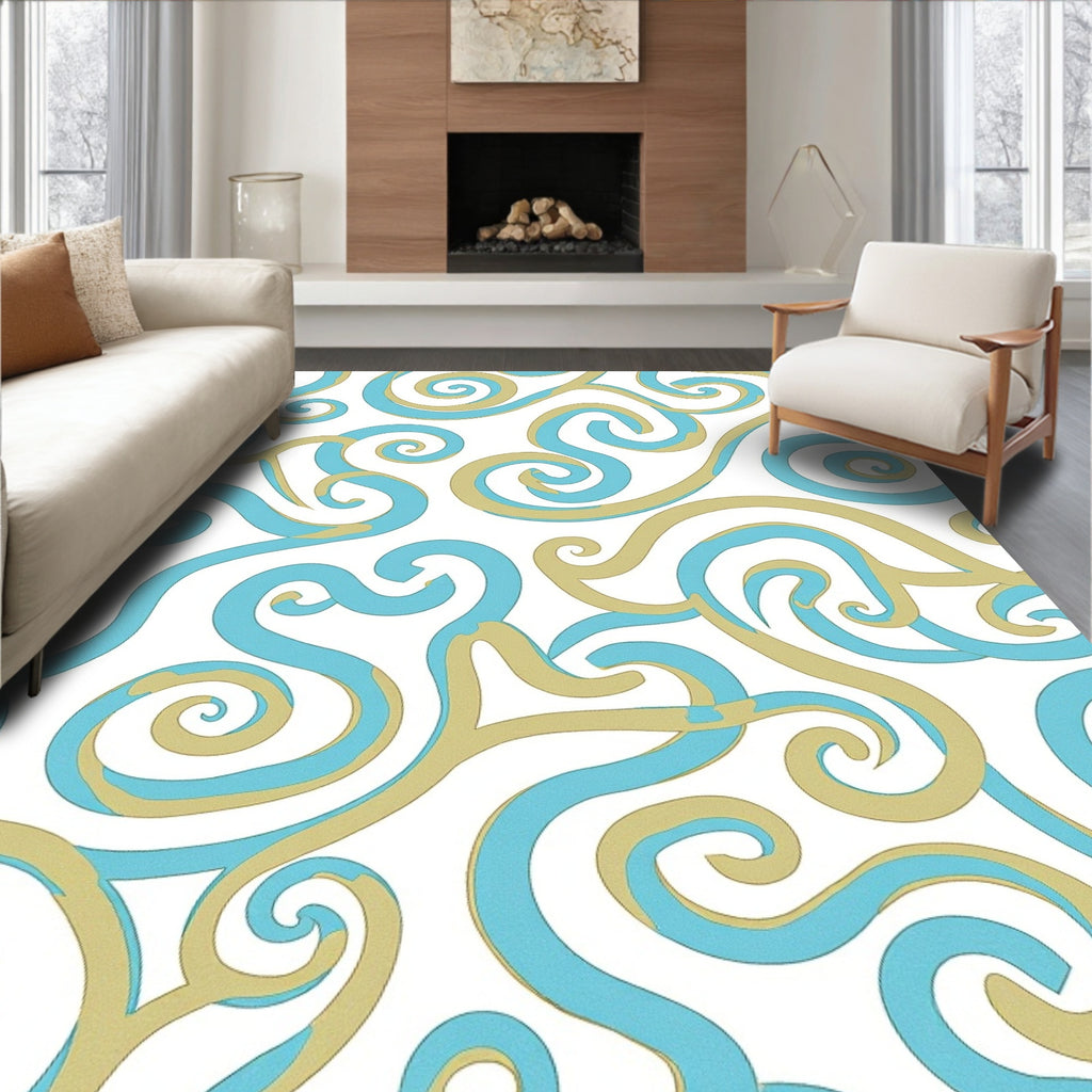 Turquoise Gold Swirling Vines Rug