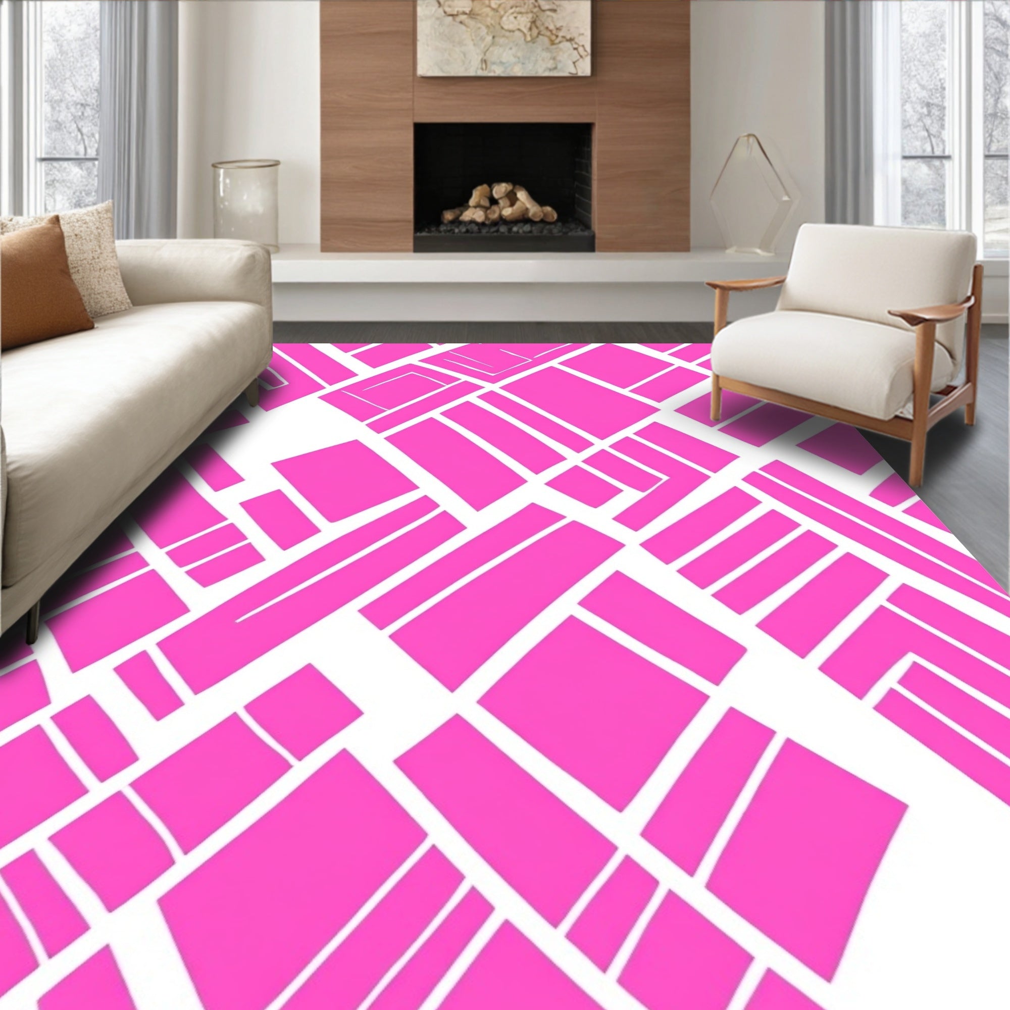 Geometric Pink Lines Patterned Rug