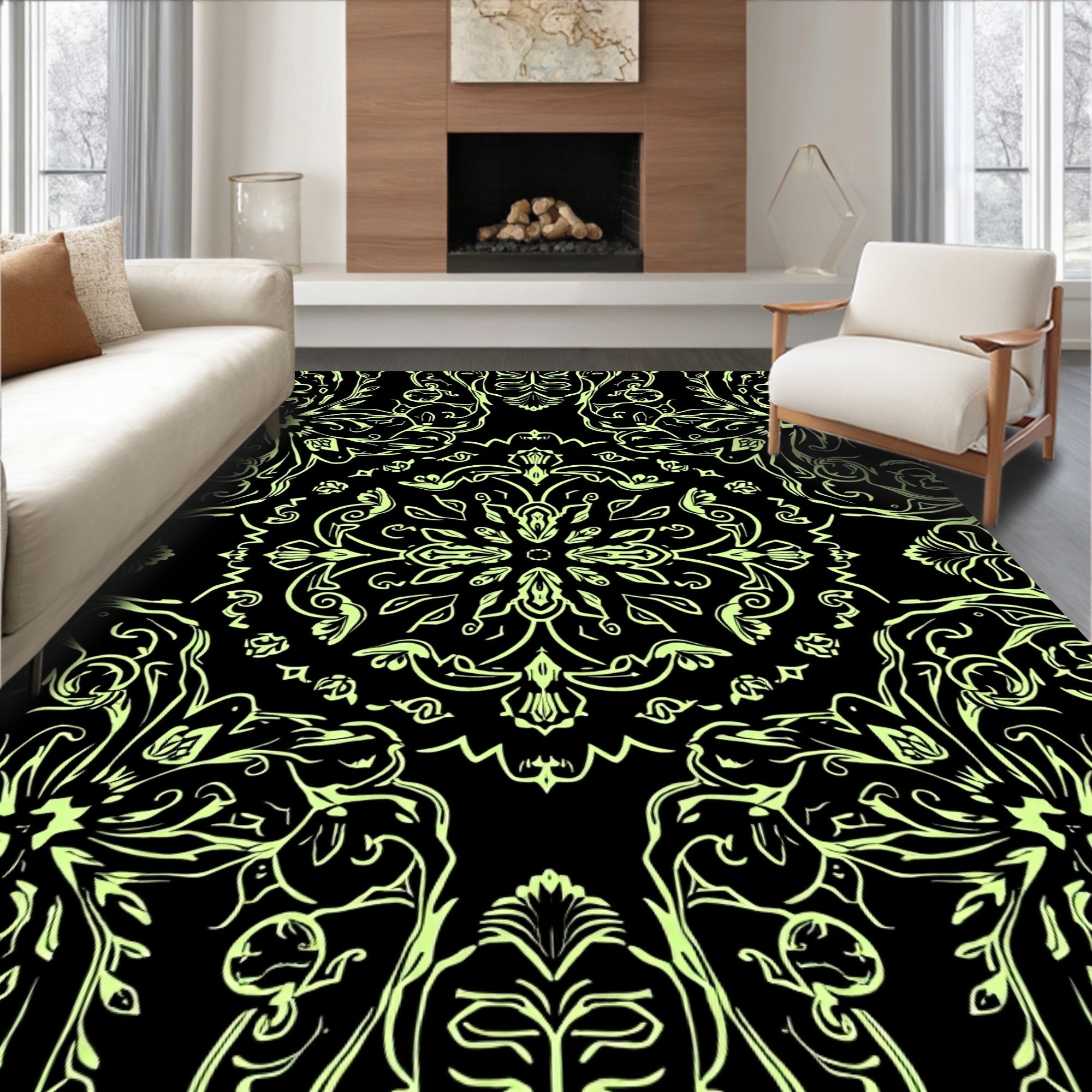 Black And Lime Green Floral Pattern Rug
