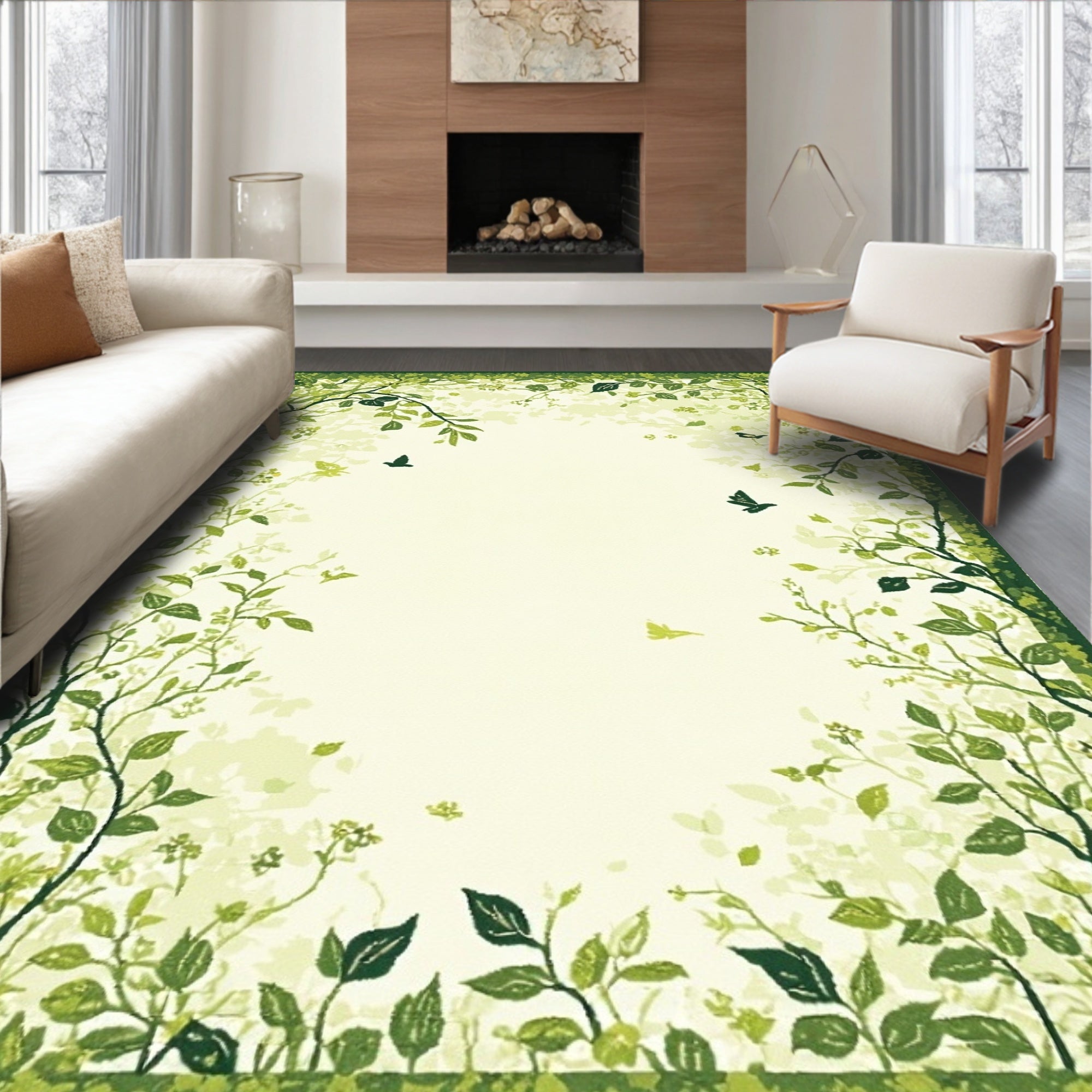 Lush Greenery Flying Birds Border Rug