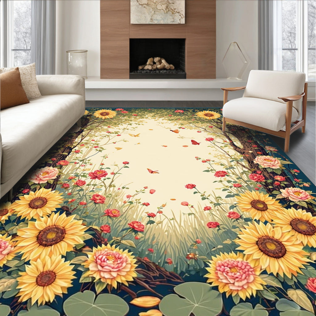Golden Sunflower Rose Garden Scene Rug