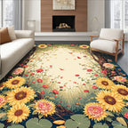 Golden Sunflower Rose Garden Scene Rug