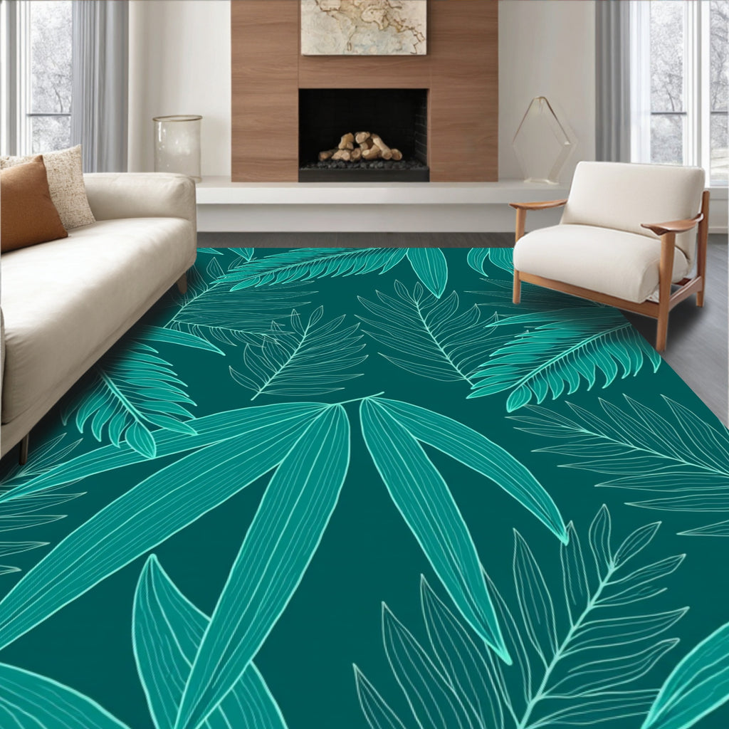 Teal Tropical Leaf Pattern Rug