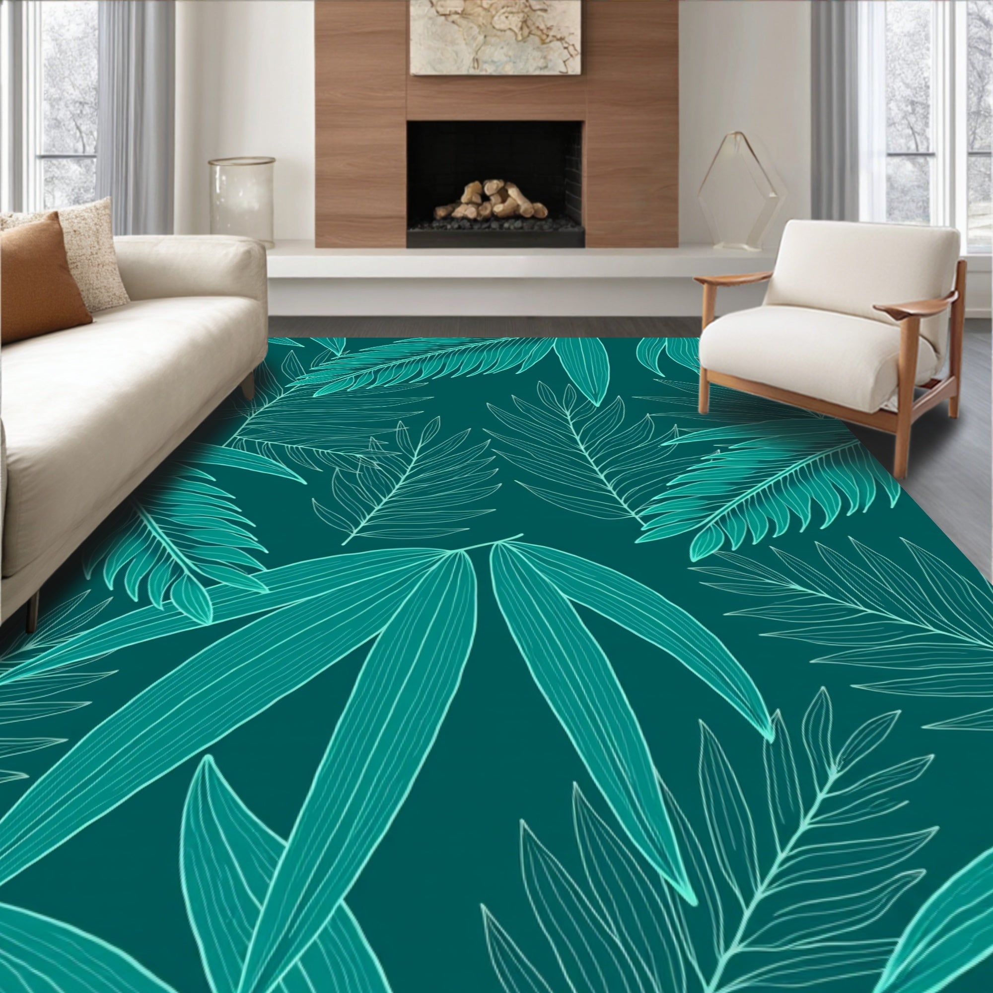 Teal Tropical Leaf Pattern Rug