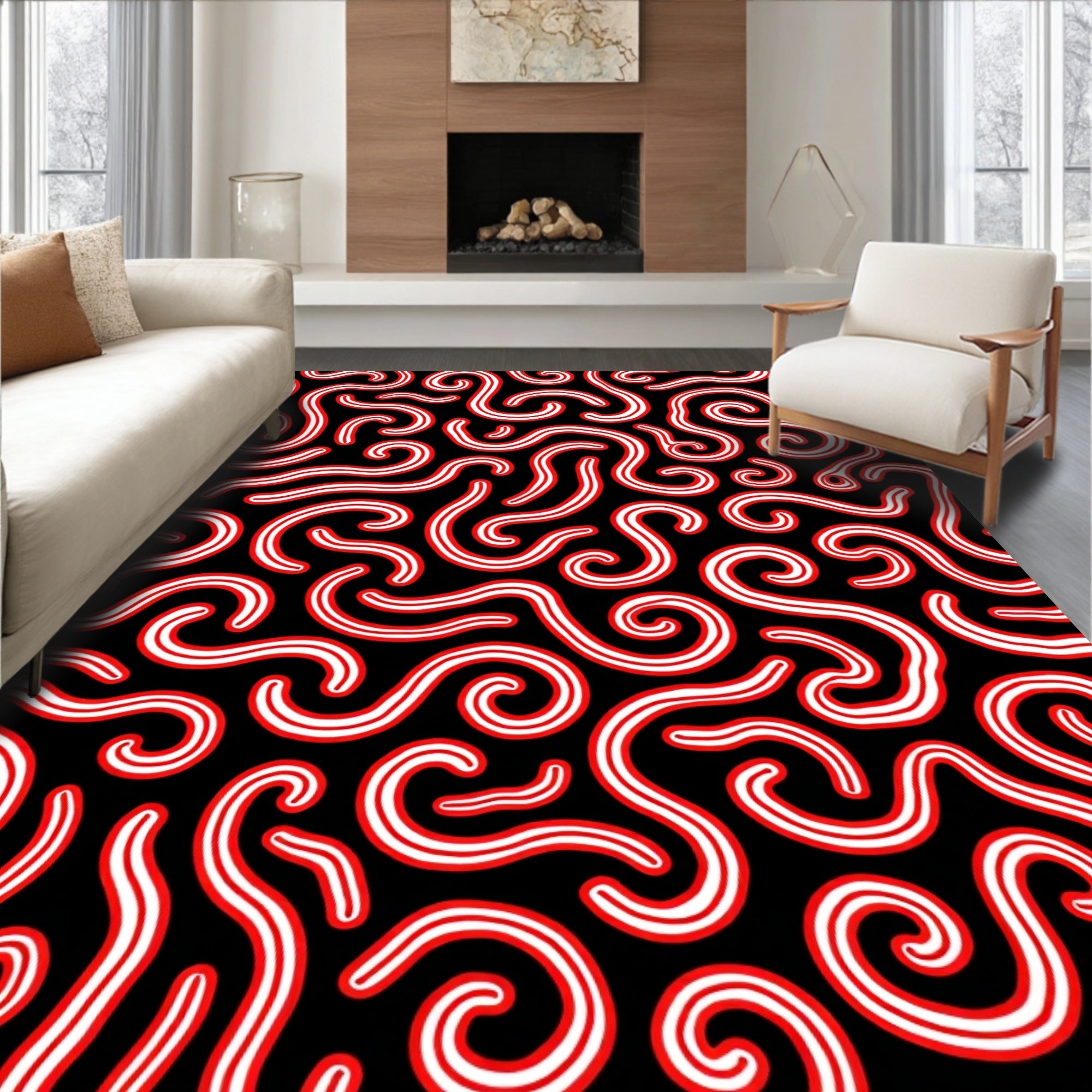 Amorphous Red Swirls Black Field Rug