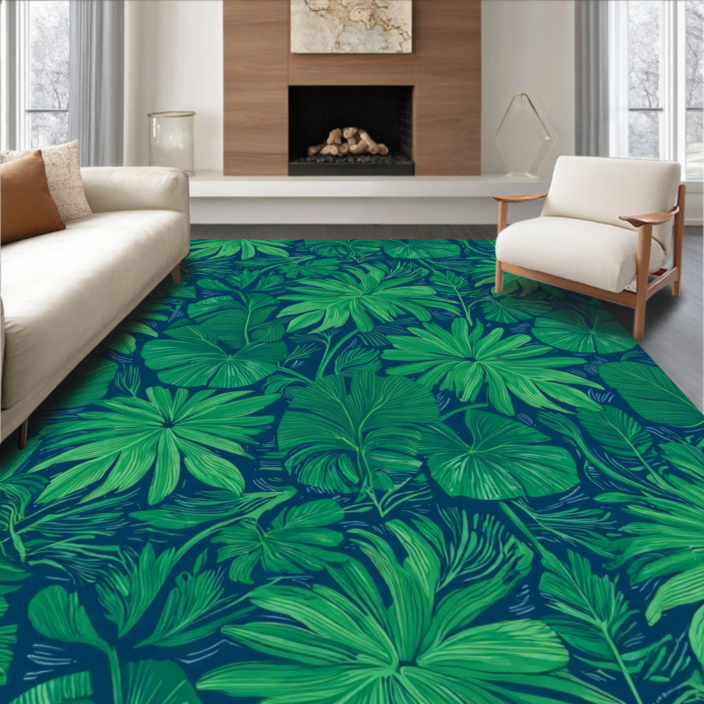 Lush Tropical Green Leaf Pattern Rug