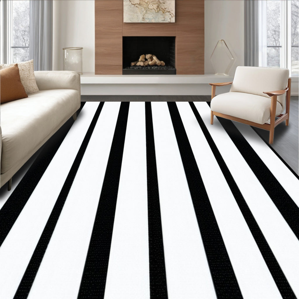 Bold Black White Stripe Design Rug