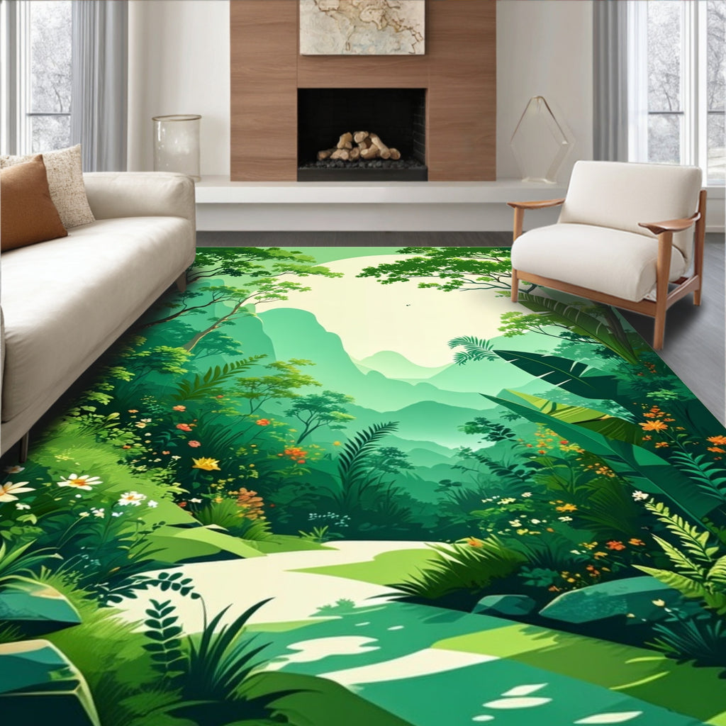 Lush Green Tropical Forest Pathway Rug