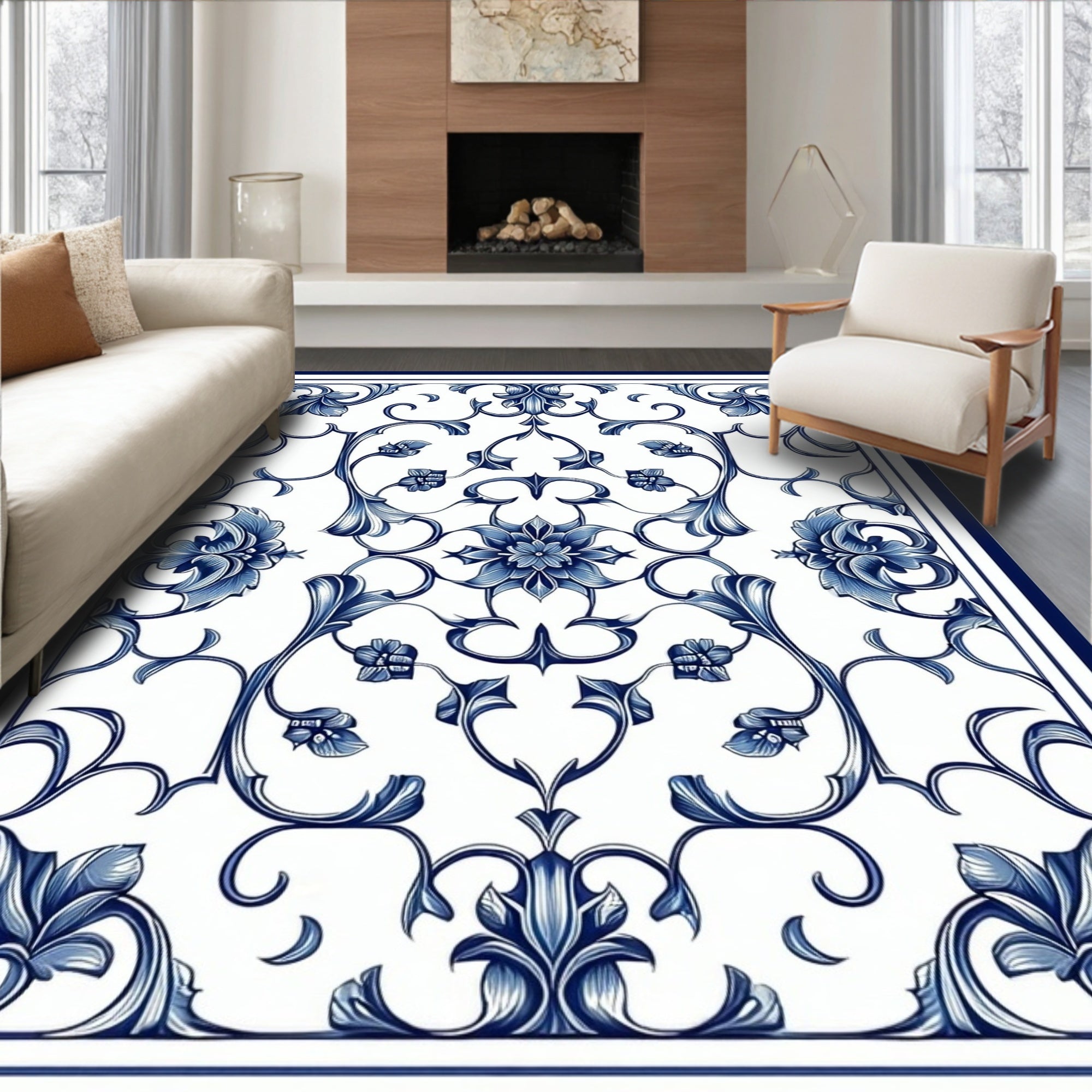 Classic Blue Floral Scroll Pattern Rug