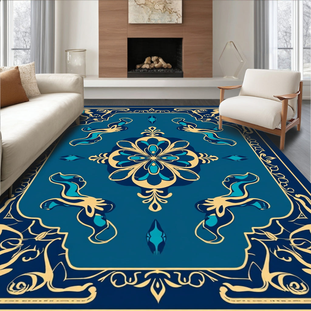 Elegant Teal Golden Floral Medallion Rug