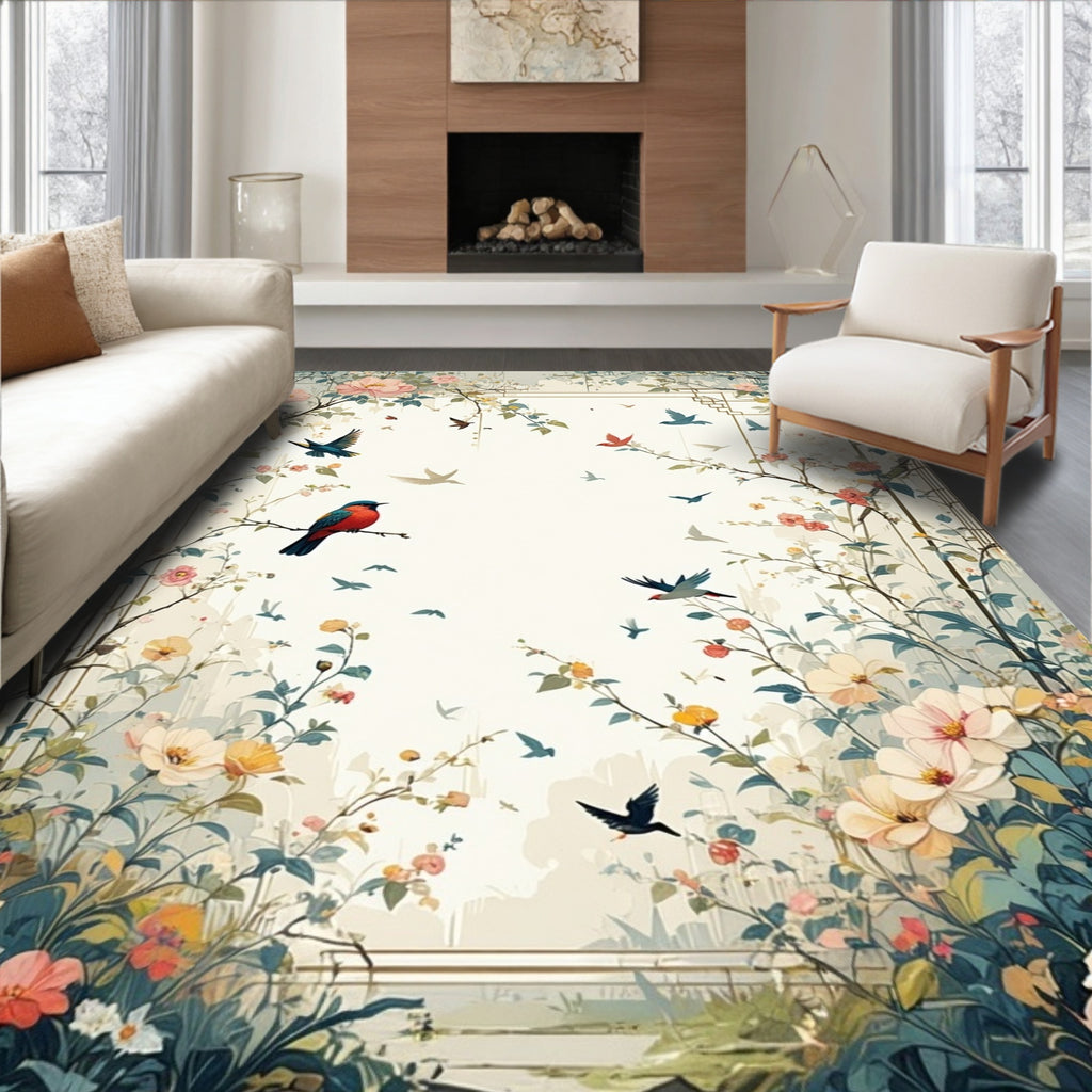 Birds and Blossoms Garden Scene Rug