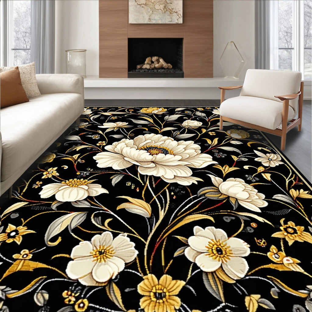 Black Floral Art Deco inspired Rug