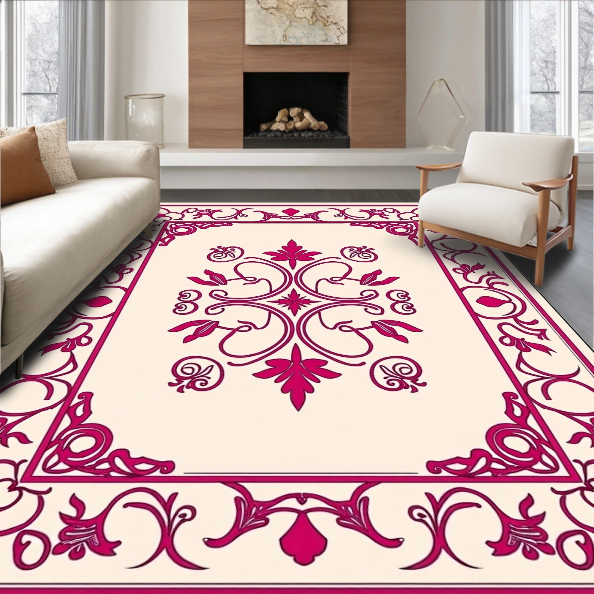 Elegant Burgundy Floral Scrollwork Design Rug