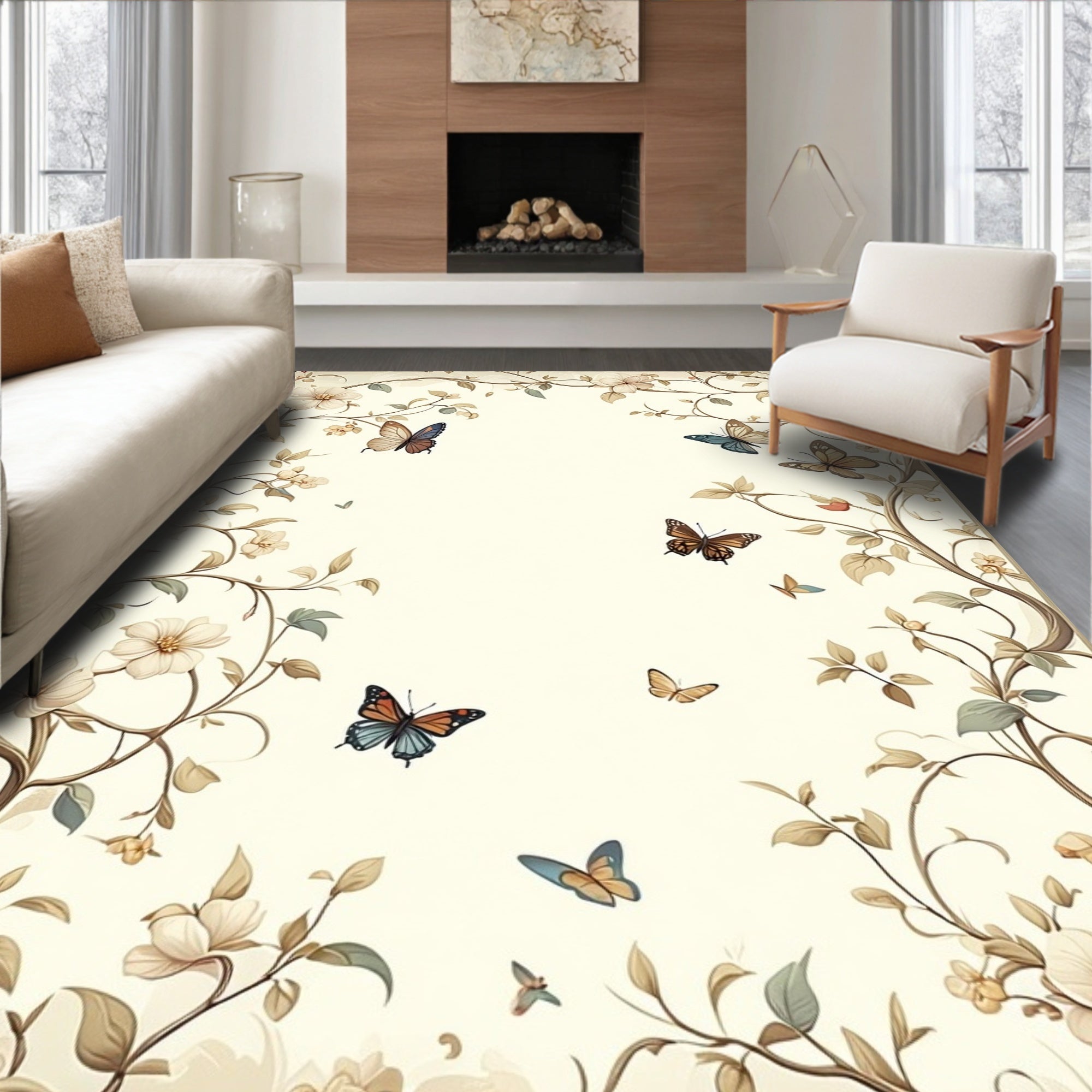 Whimsical Floral Butterfly Vine Art Rug