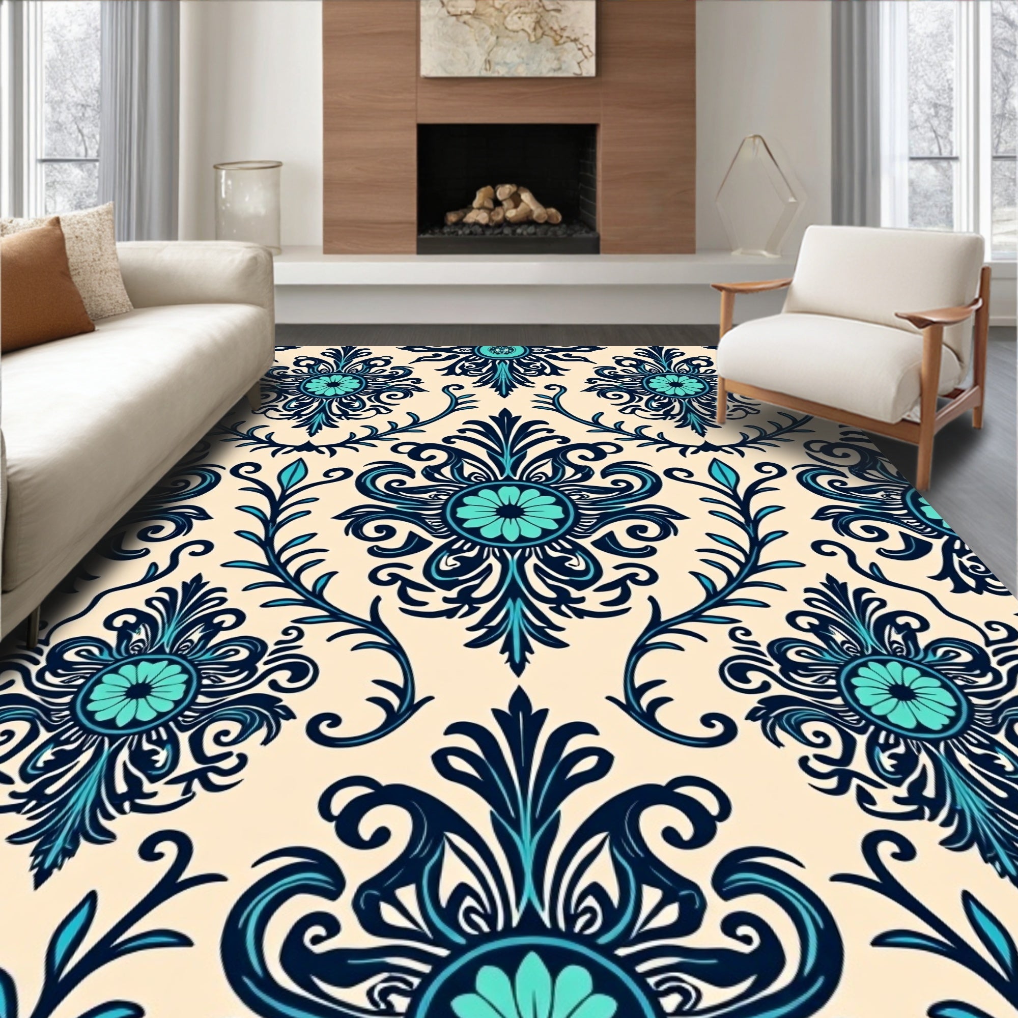 Ornate Teal Floral Damask Pattern Rug