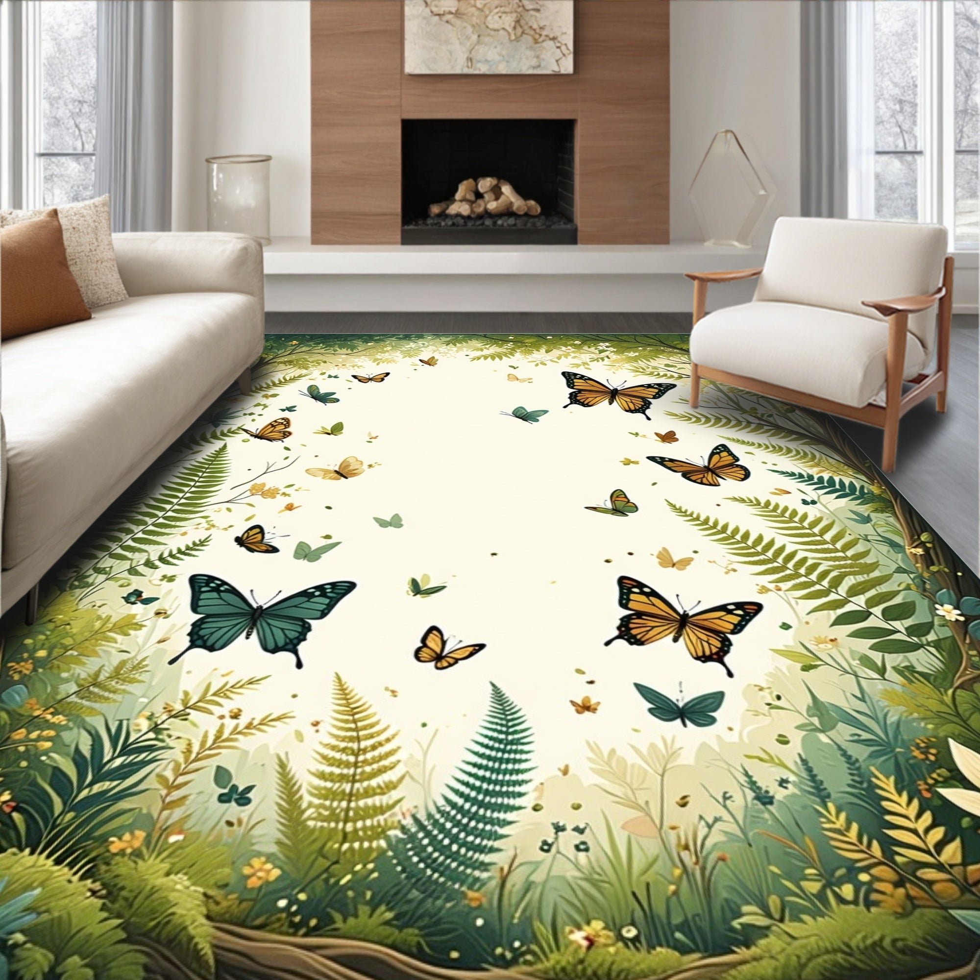 Enchanted Forest Butterfly Nature Scene Rug
