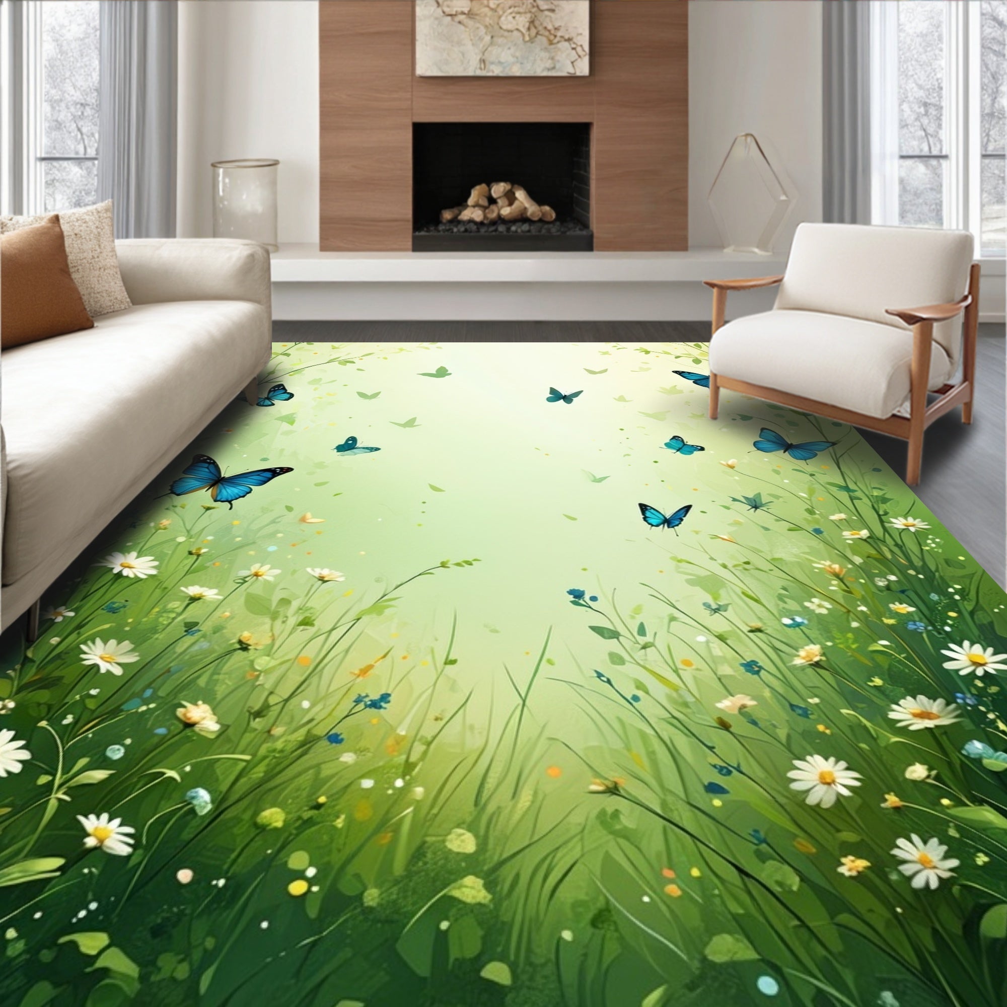 Whimsical Butterfly Meadow Spring Design Rug
