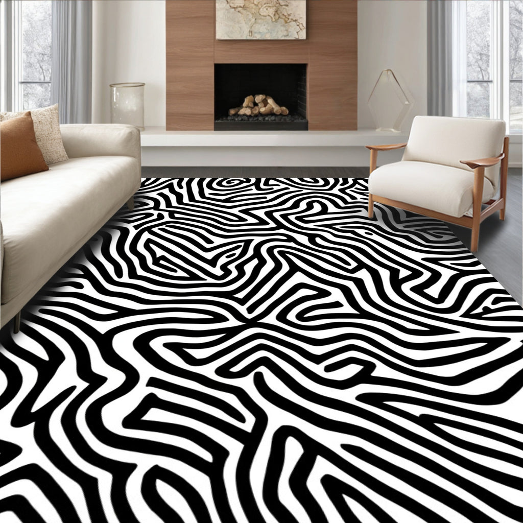 Abstract Black and White Maze Pattern Rug
