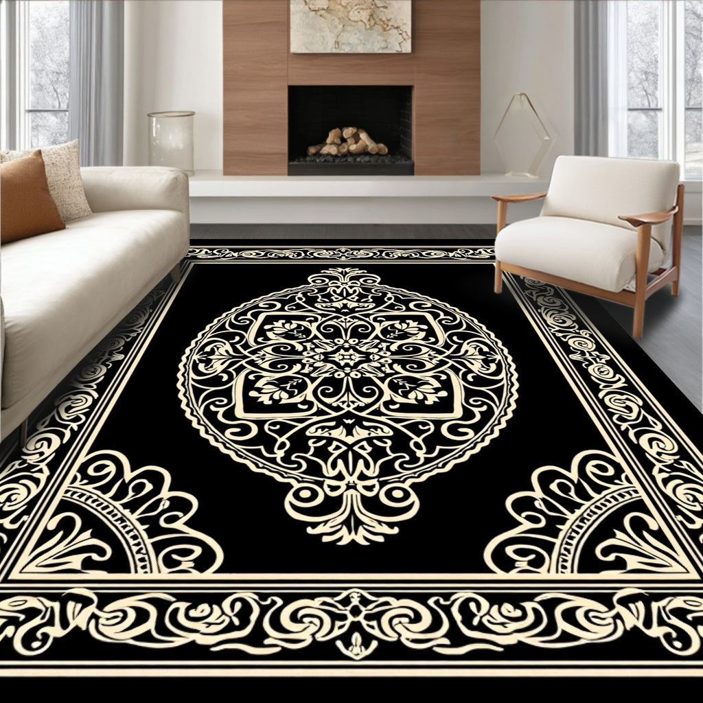 Intricate Black Cream Mandala Pattern Rug