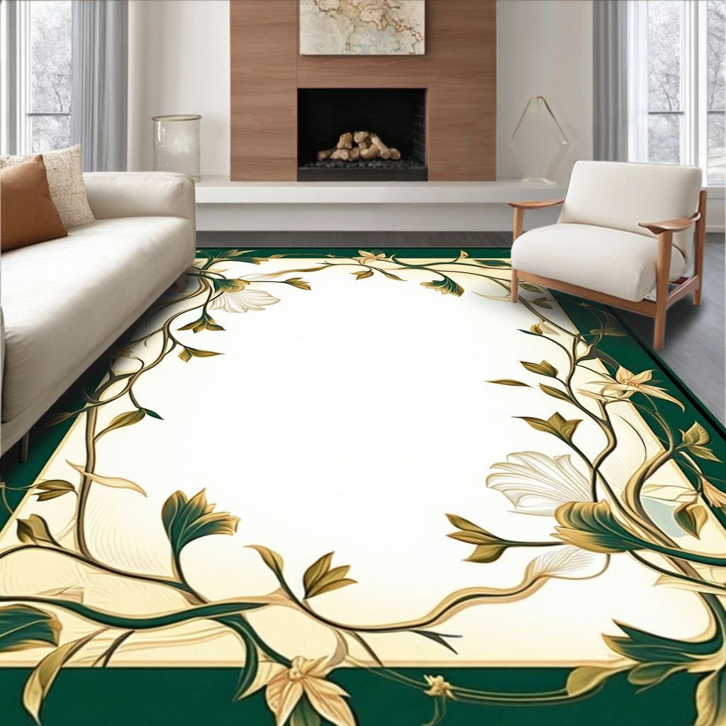 Elegant Cream Teal Floral Vine Rug