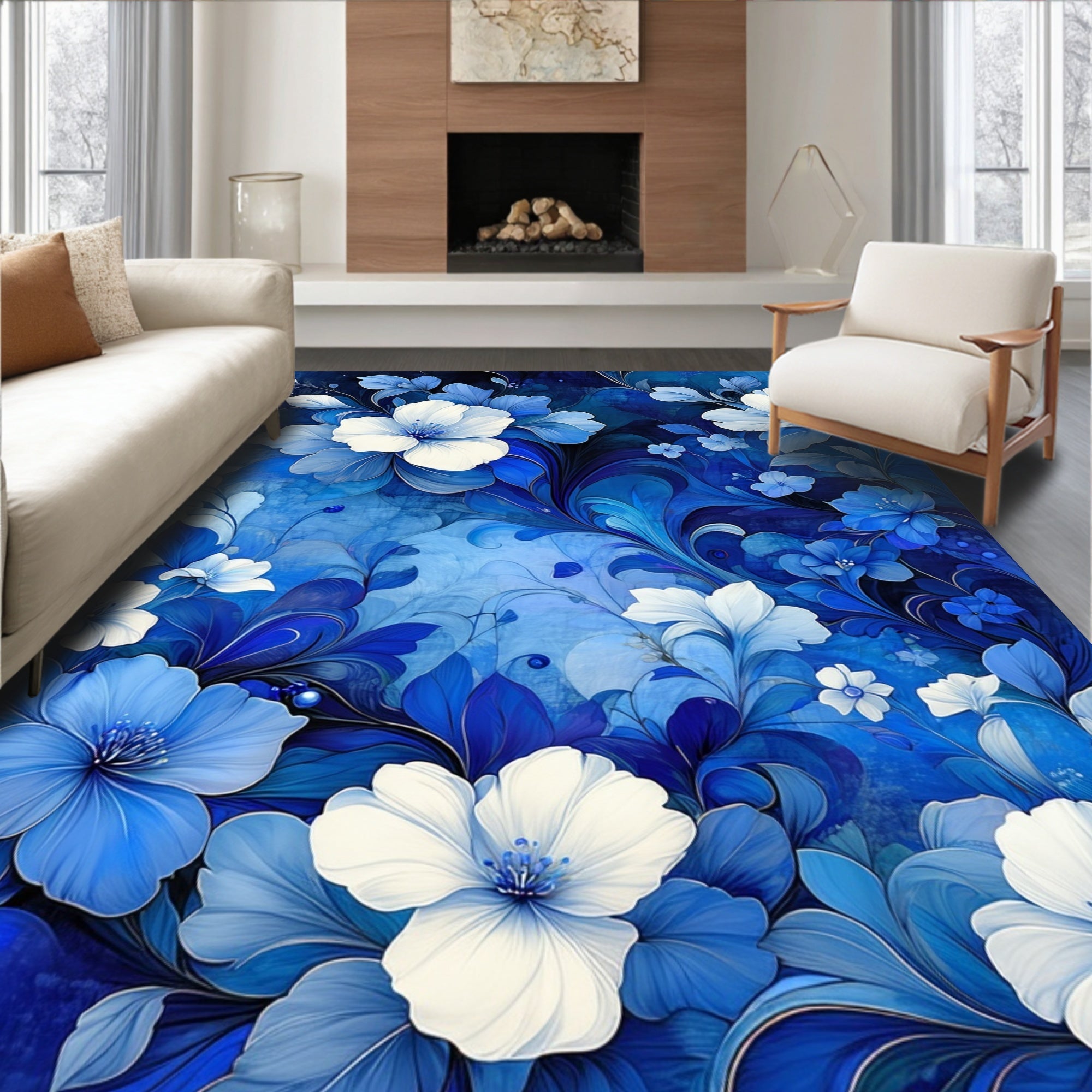 Vibrant Blue Floral Art Pattern Rug