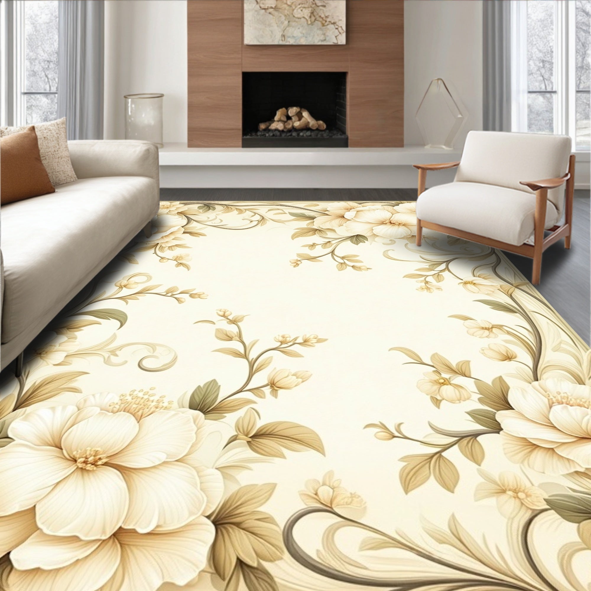 Elegant Floral Scrollwork Cream Rug