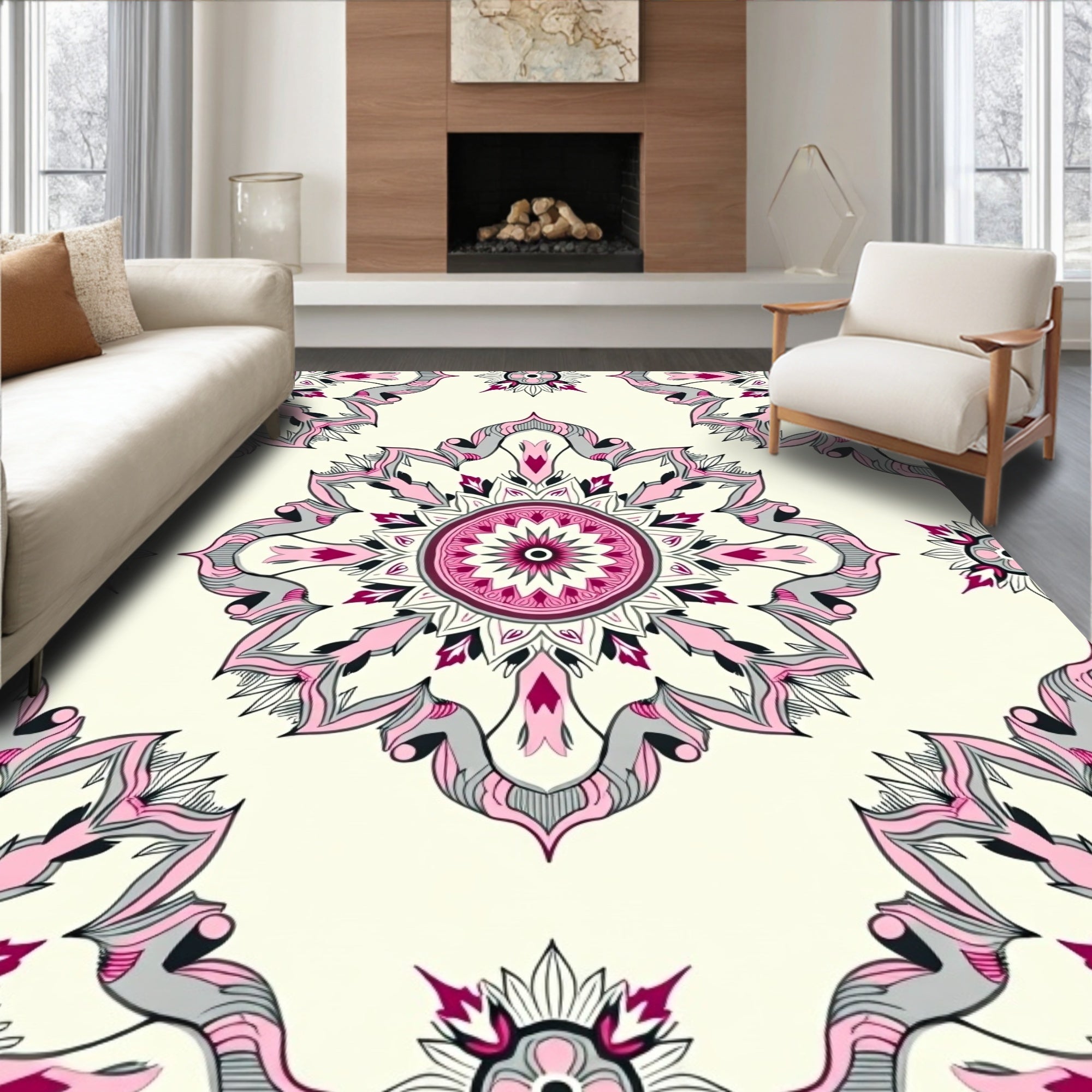 Pink Floral Mandala Pattern Accent Rug