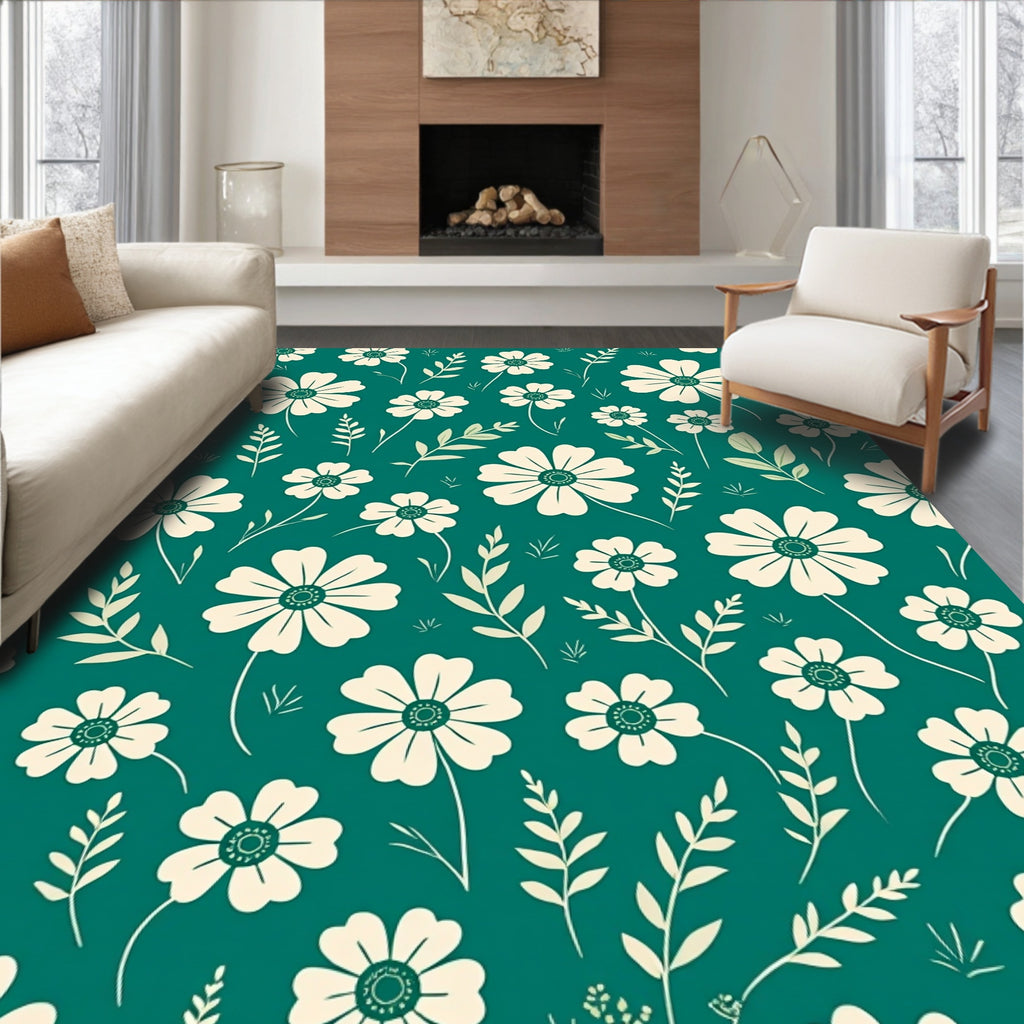 Creamy Floral Pattern On Teal Background Rug
