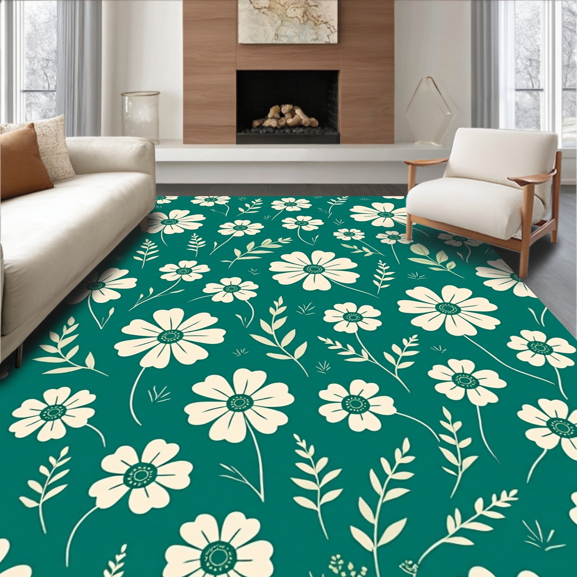 Creamy Floral Pattern On Teal Background Rug