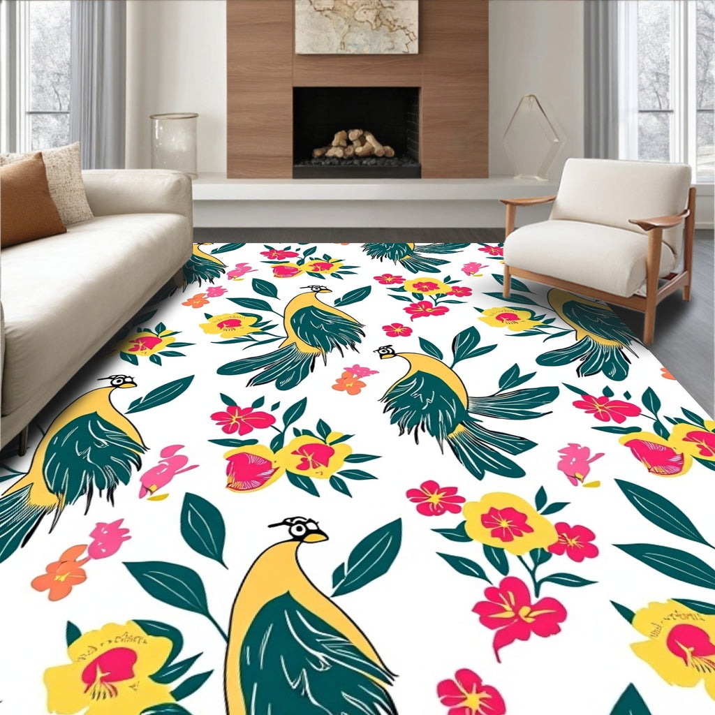 Whimsical Birds Floral Pattern Rug