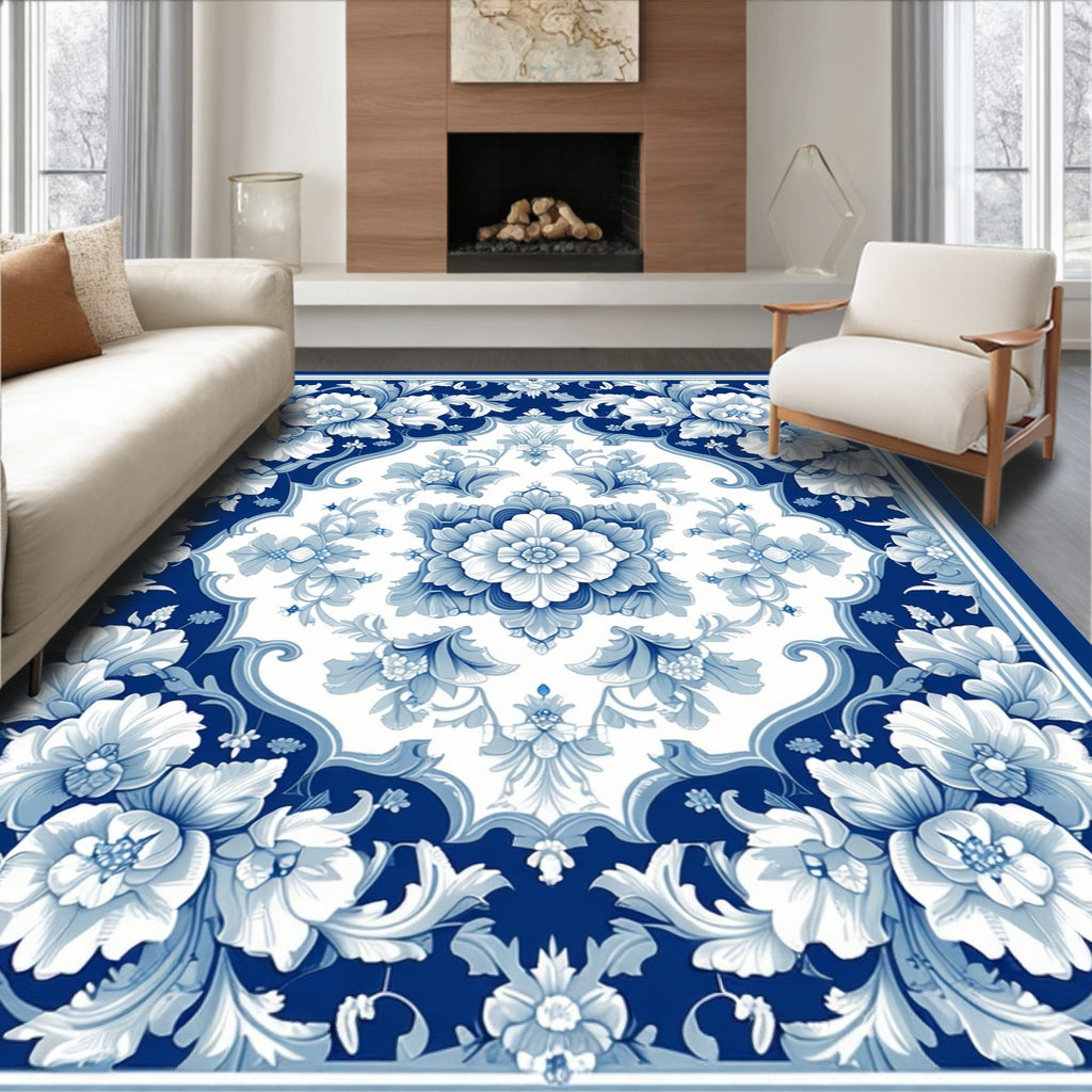 Classic Blue Floral Damask Design Rug