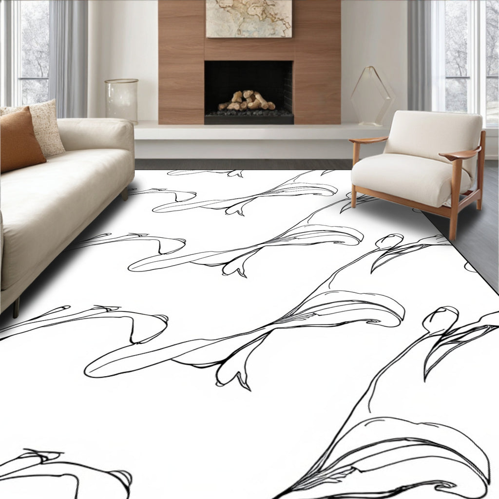 Elegant Black White Floral Lines Rug