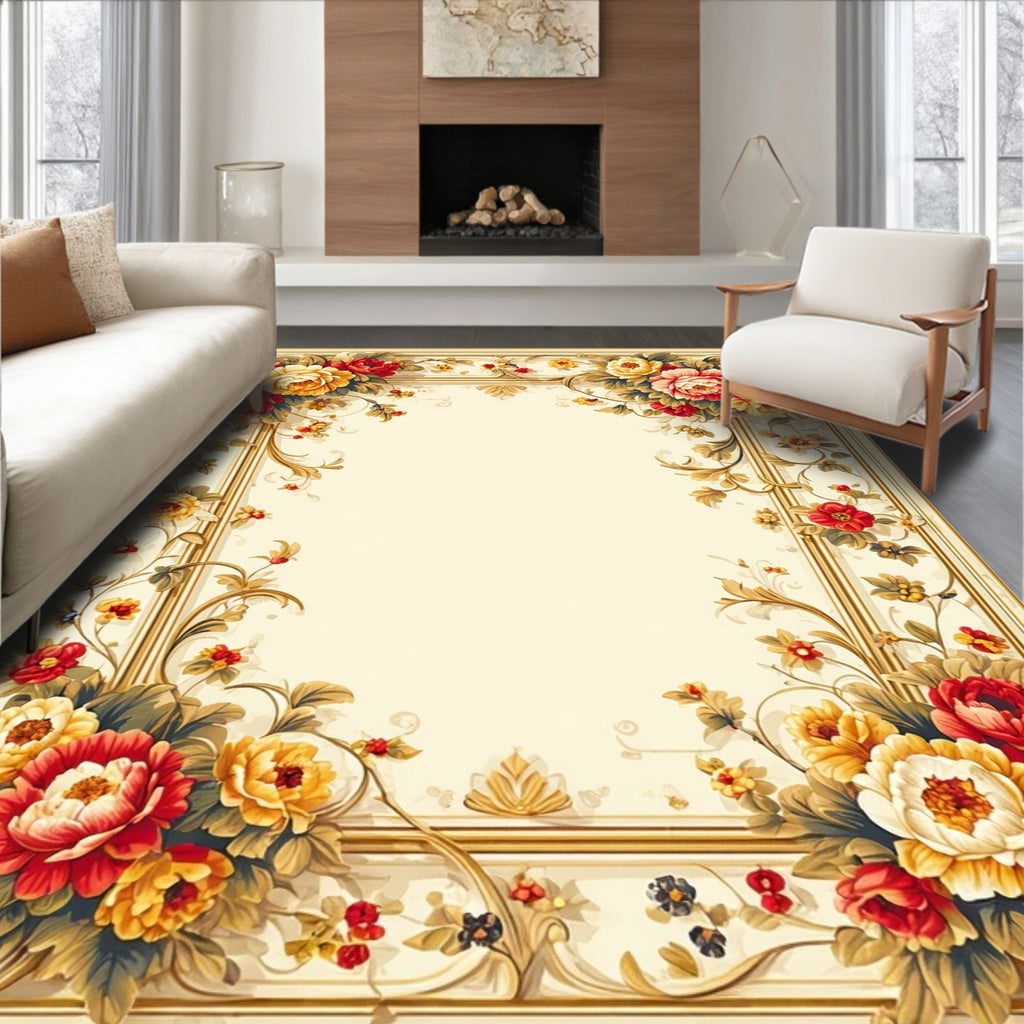 Ornate Floral Scrollwork With Romantic Blooms Rug